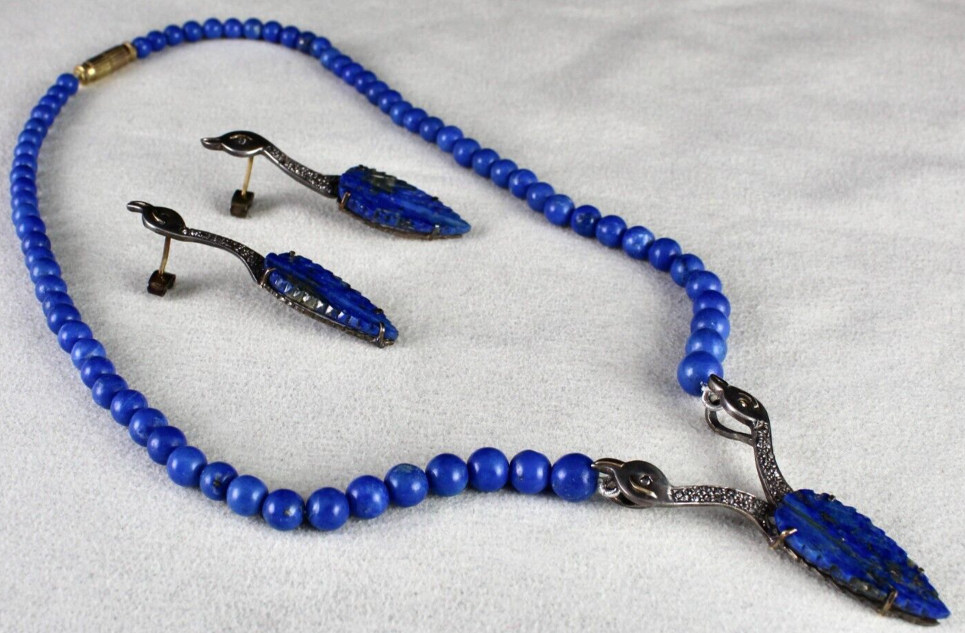 NATURAL LAPIS LAZULI LEAF DIAMOND SILVER 18K GOLD VICTORIAN PENDANT EARRING SET