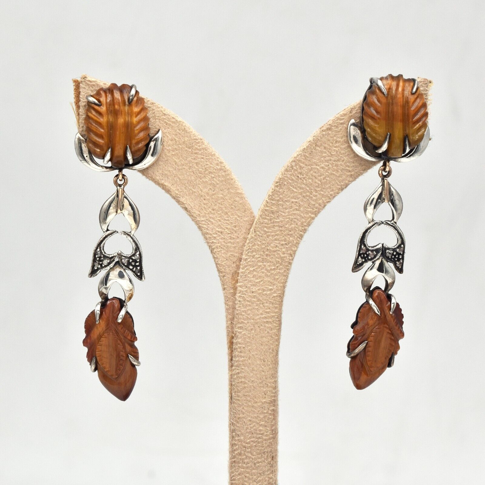 Estate Natural Tiger Eye Carved Diamond 18K Gold Silver Dangle Victorian Earring