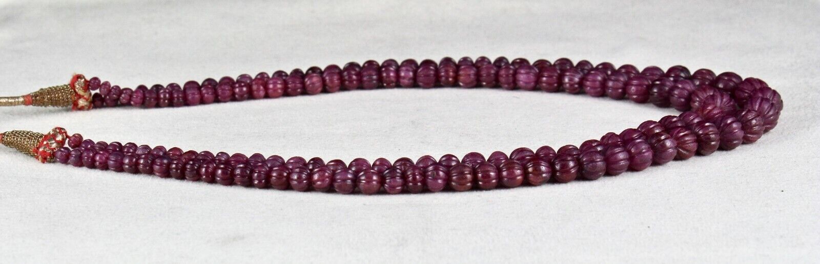 FINE NATURAL RUBY BEADS CARVED MELON 2 LINE 403 CARAT PRECIOUS GEMSTONE NECKLACE