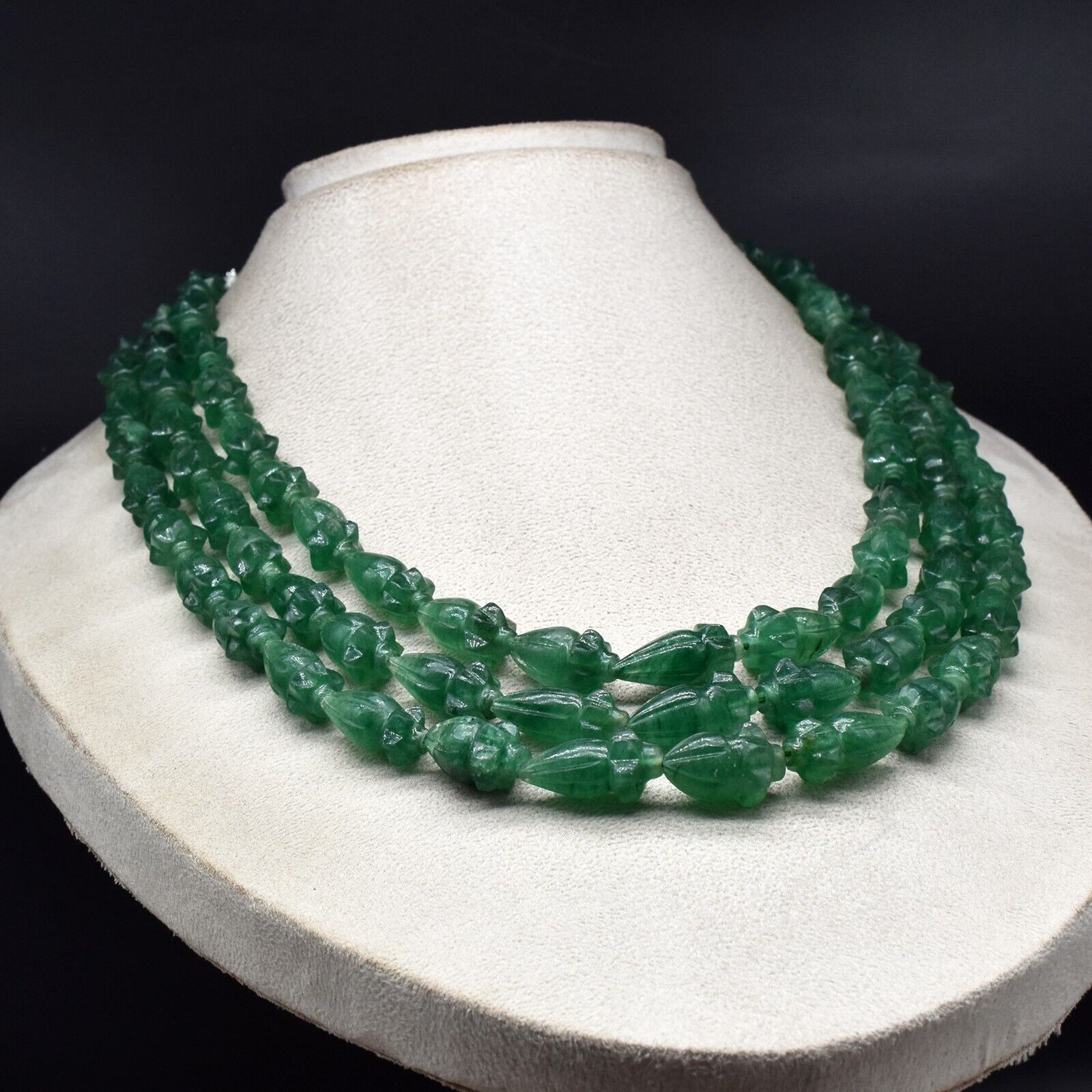 Natural Green Aventurine Quartz Engraved Beaded Necklace 3L 960 Ct Pear Gemstone