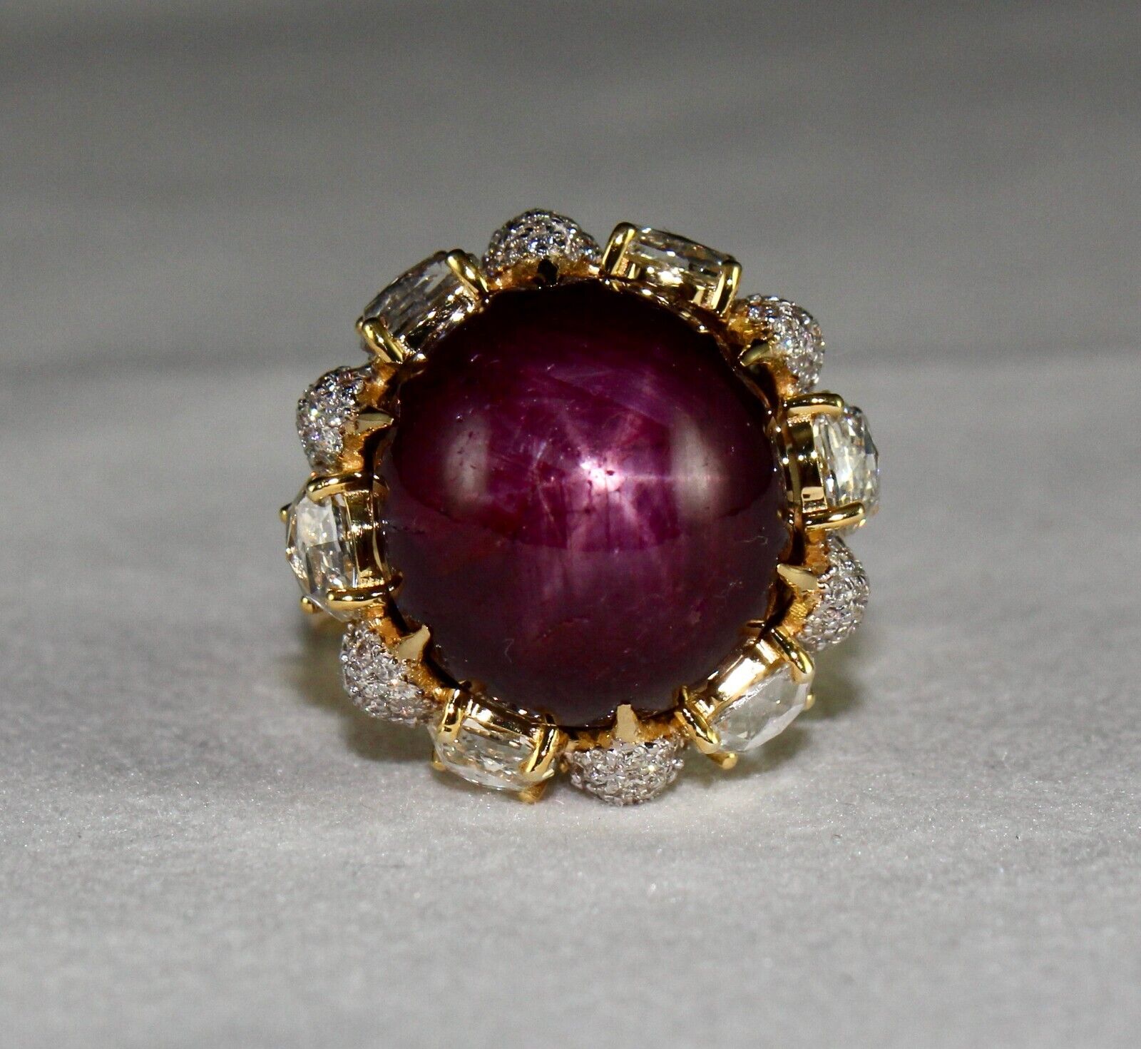 Certified Natural Ruby Star 36.57 Ct Cab Fancy Diamond 18K Gold Cocktail Ring