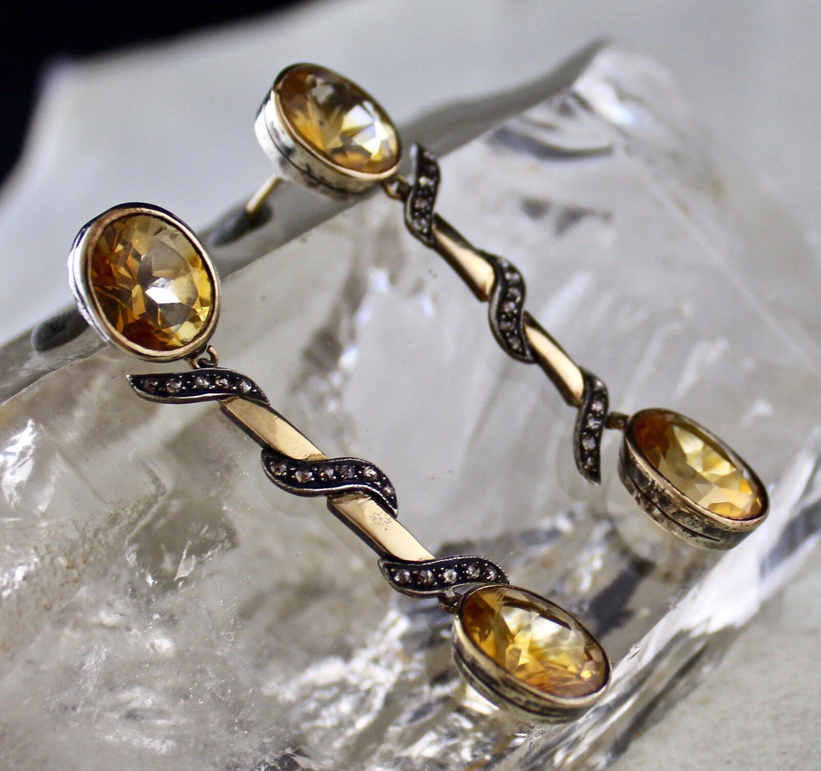 Unique Natural Yellow Citrine Oval Diamond 18K Gold 925 Silver Victorian Earring