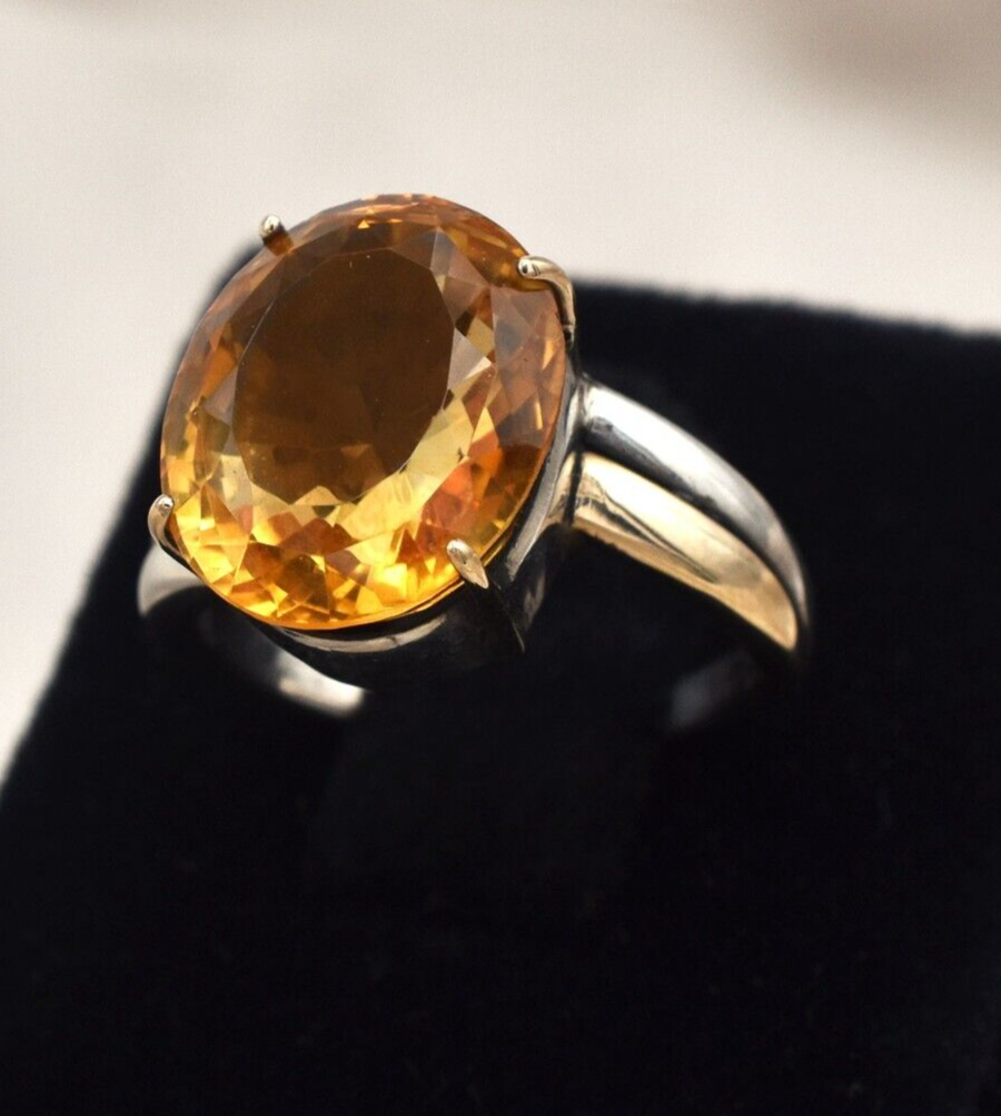 Vintage Citrine 10ct 18k Gold 925 Silver Ring Birthstone For Women Men