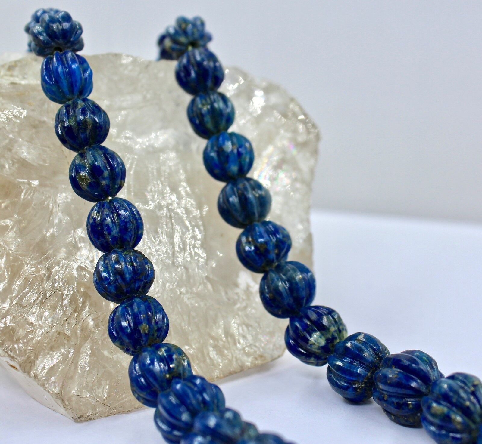 NATURAL BLUE LAPIS LAZULI BEADS CARVED ROUND 1 LINE 390 CTS GEMSTONE NECKLACE