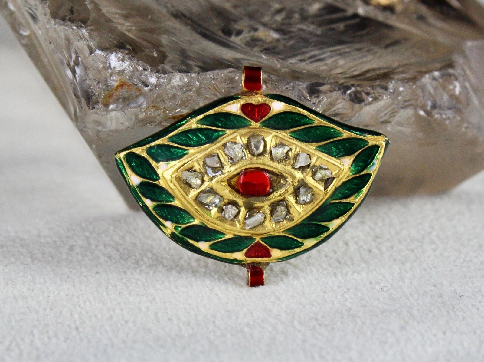 Vintage 22k Kundan Meena Gold Pendant Jadau Green Red Natural Diamond 62.75ct