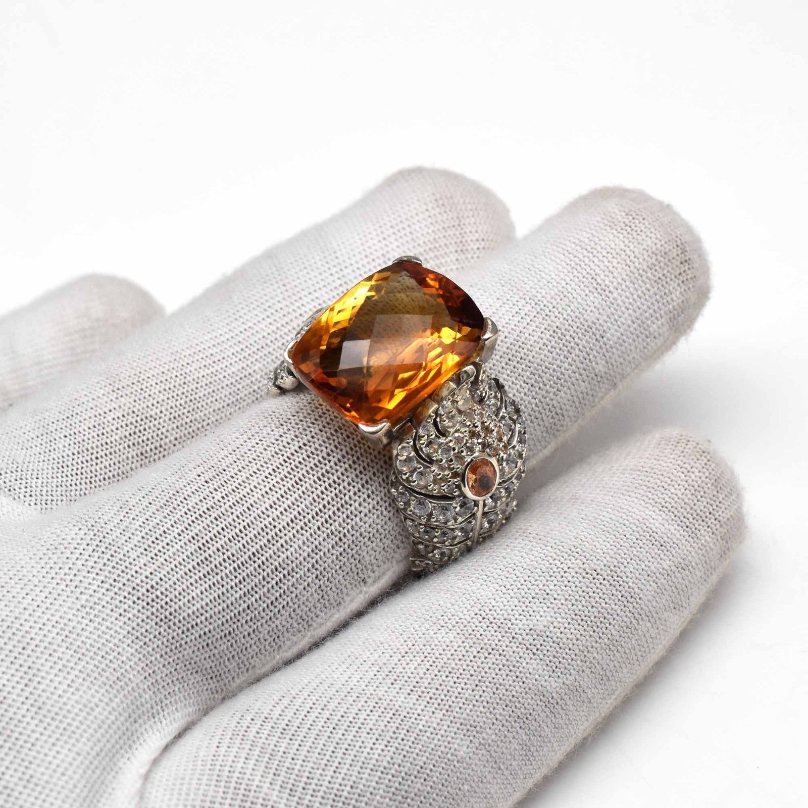 Natural Yellow Citrine Cushion Cubic Zirconia Top Gemstone Silver Cocktail Ring