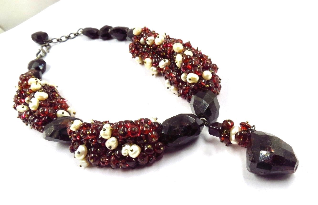 Natural Red Garnet Pearl Beads Sterling Silver 783 Ct Designer Necklace