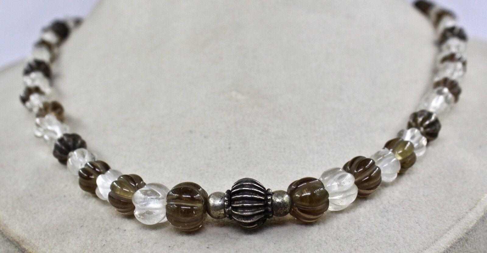 ESTATE SMOKY & CRYSTAL QUARTZ 925 STERLING SILVER BEADS 25"LONG FASHION NECKLACE