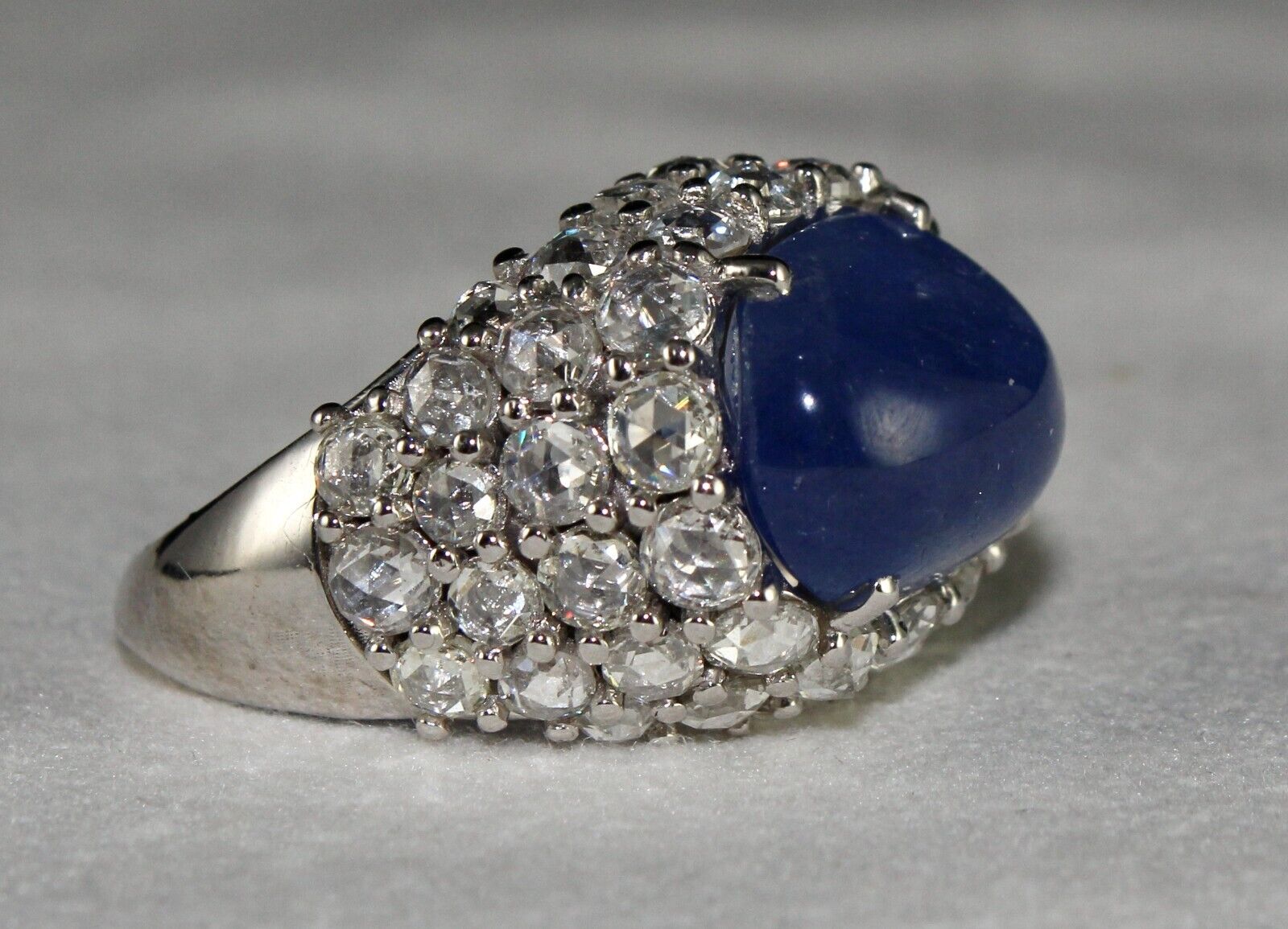 Natural Blue Sapphire Cabochon Rose Cut Diamond Studded 18k Gold Cocktail Ring