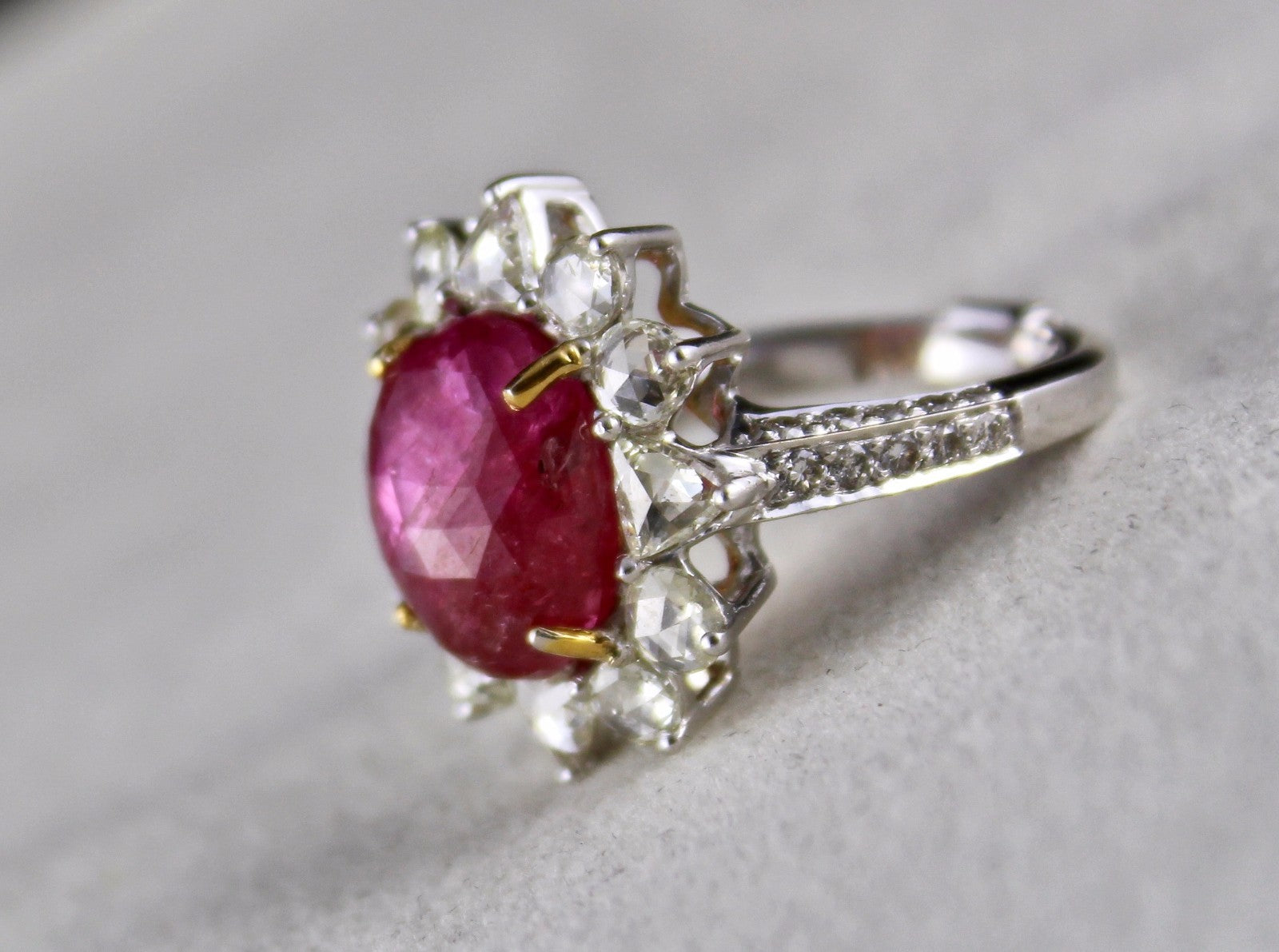 Certified Natural Burma Ruby Cabochon 10ct Diamond 18k White Gold Ring
