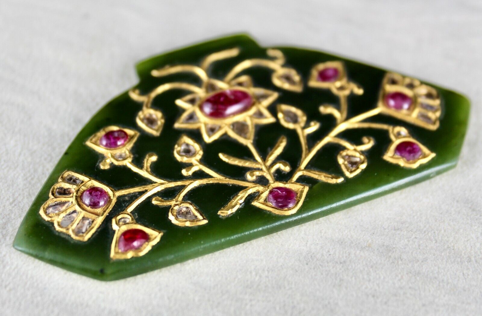 Natural Green Jade Old Pendant Flat Diamond Ruby 22K Gold Jadau Statement Piece