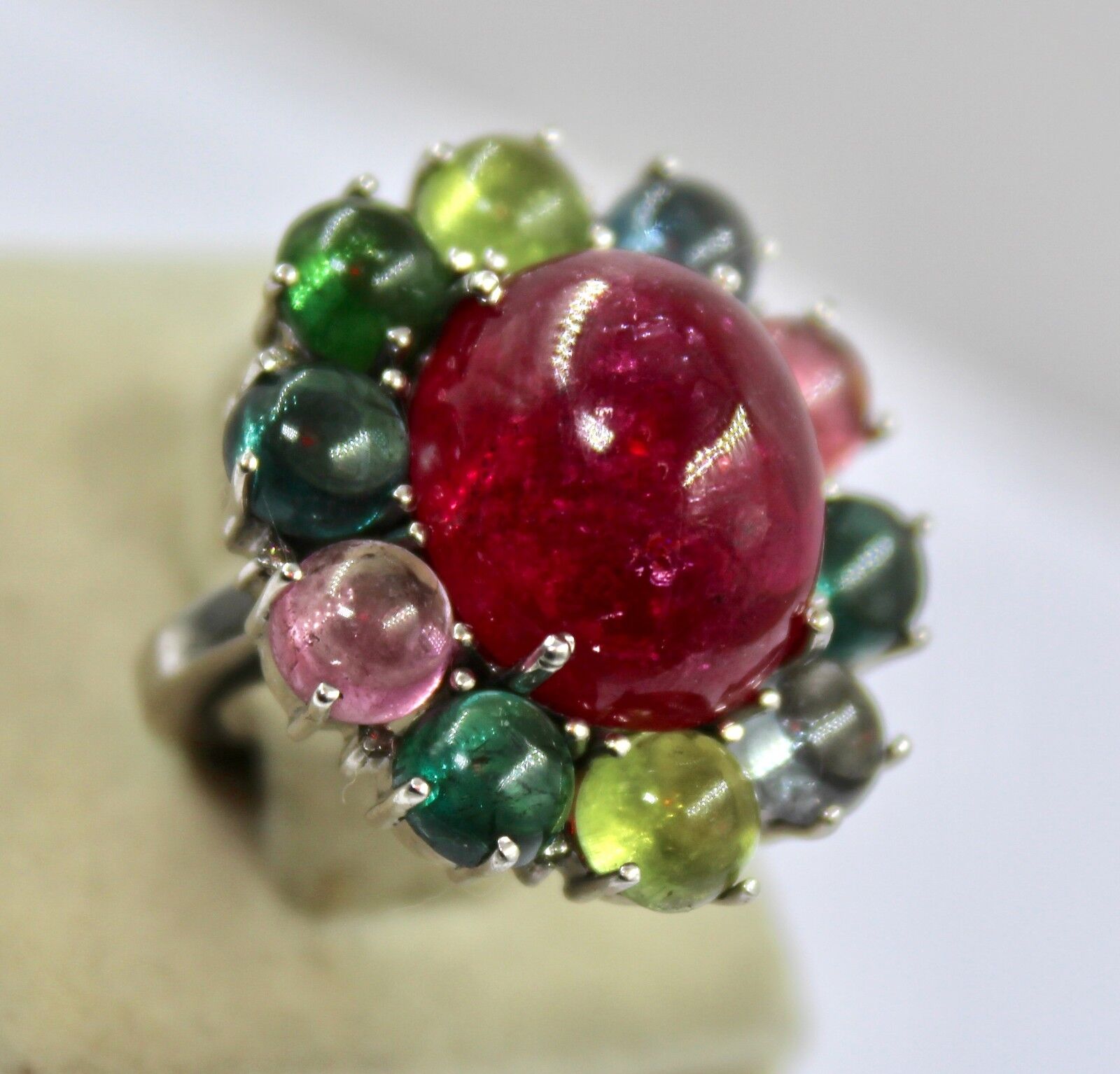 MULTI WATERMELON TOURMALINE CABOCHON DIAMOND 925 SILVER LADIES COCKTAIL RING