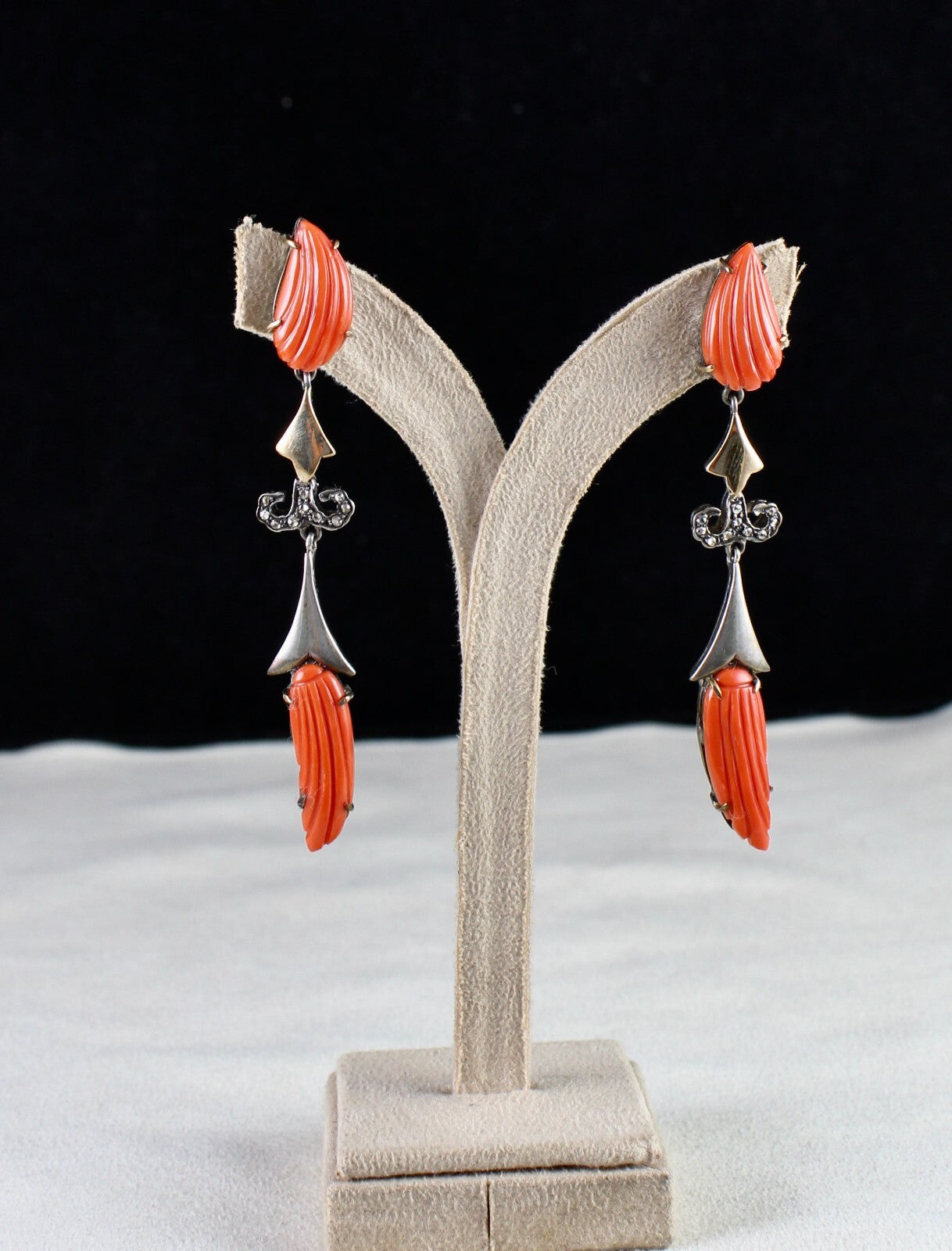 Certified Estate Red Coral 10ct Natural Diamond 18k And Sterling Silver Earrings