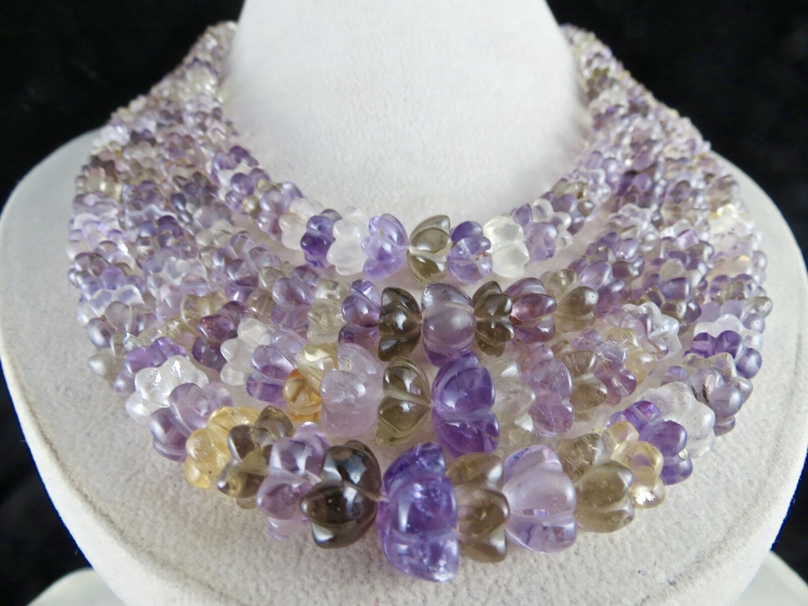 NATURAL MULTI AMETHYST CITRINE QUARTZ CARVED BEADS 4 L 903 CARATS FINE NECKLACE