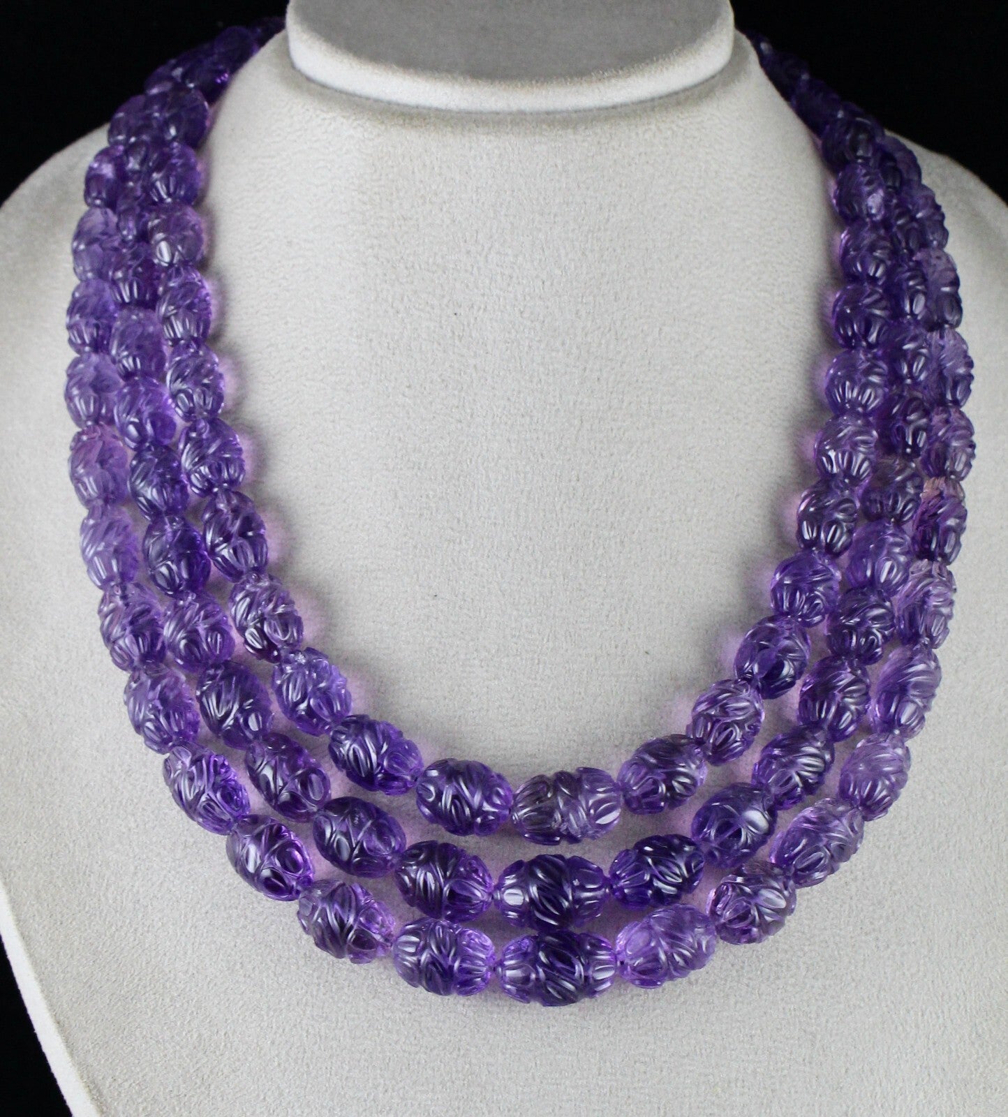 Certified Natural Amethyst 1227 Ct Engraved Beads Purple Gemstone Necklace