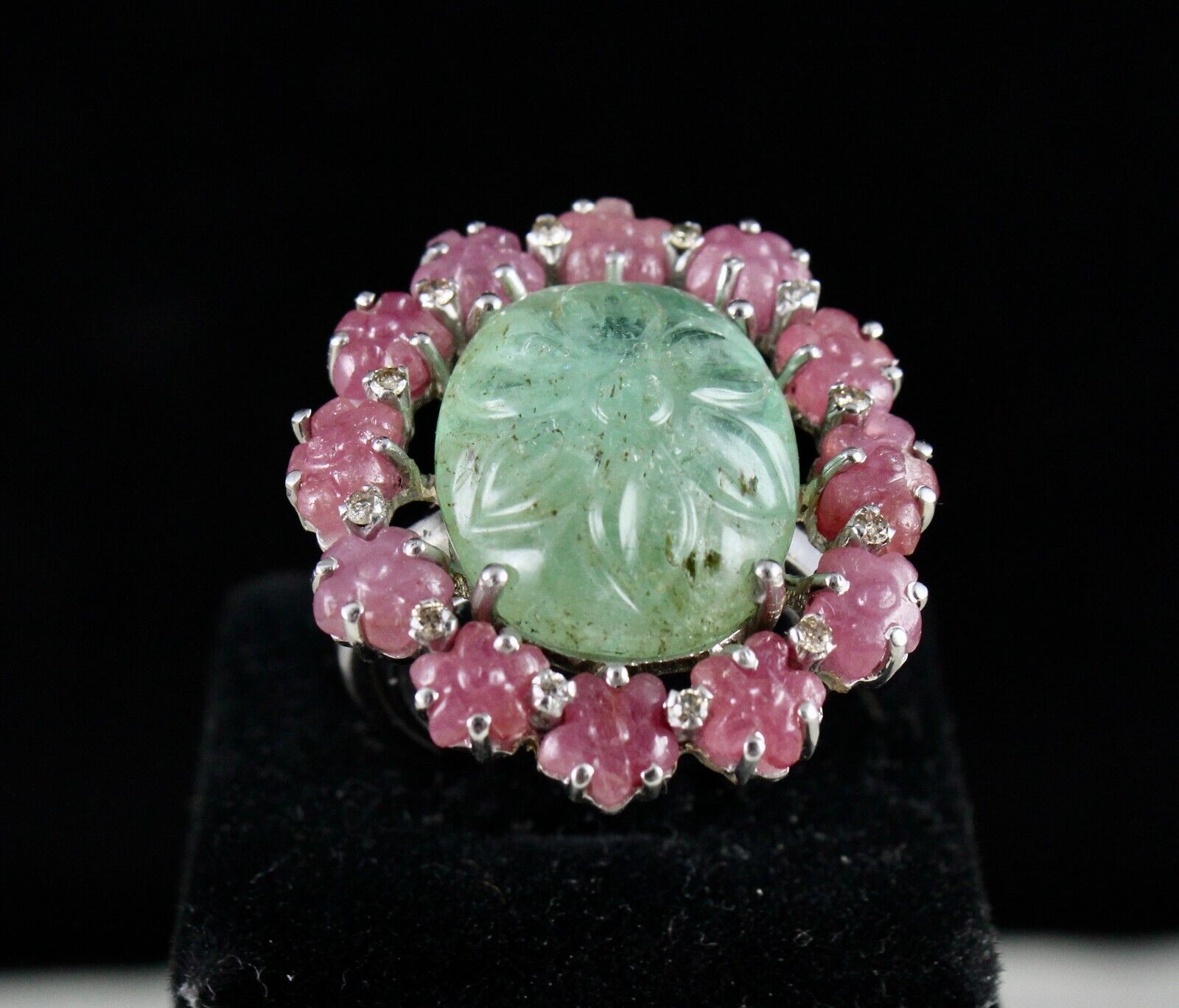 Antique Natural Emerald Ruby Carved Gemstone Diamond Silver Big Cocktail Ring
