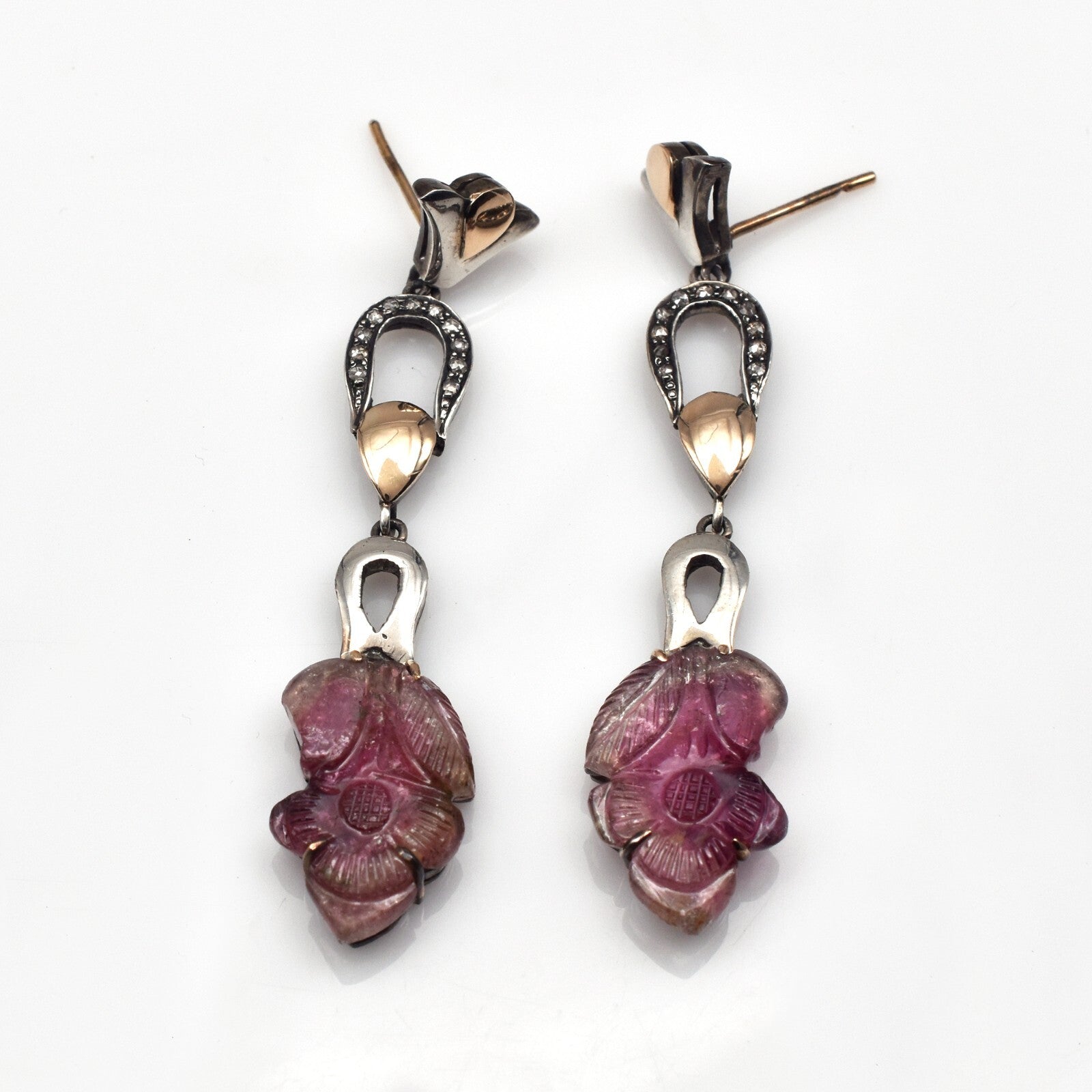 Natural Tourmaline 10ct Carved Natural Diamond 18k Gold Sterling Silver Earrings