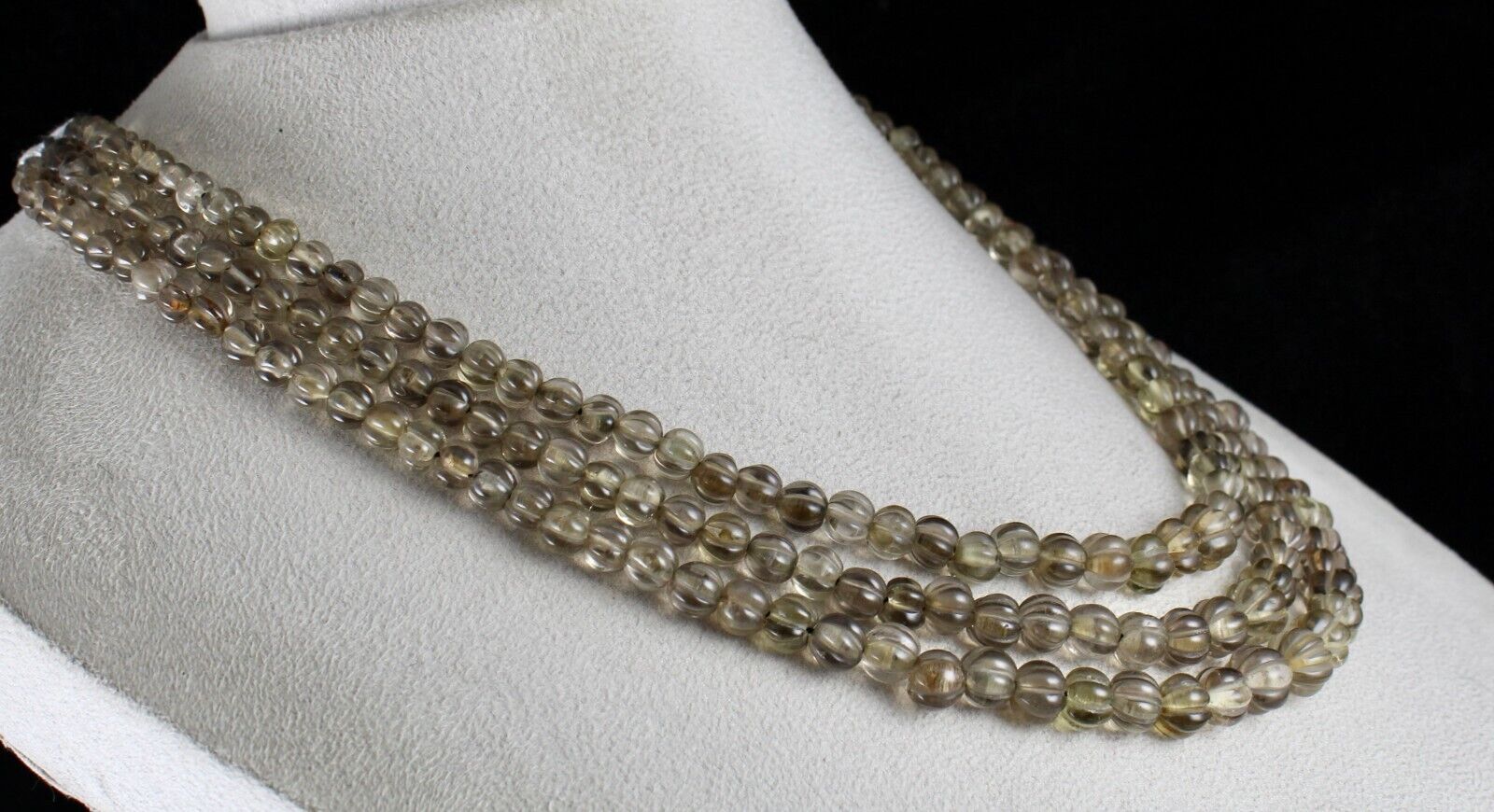 Natural Smoky Quartz Beads Carved Melon 3 L 485 Carats Antique Gemstone Necklace