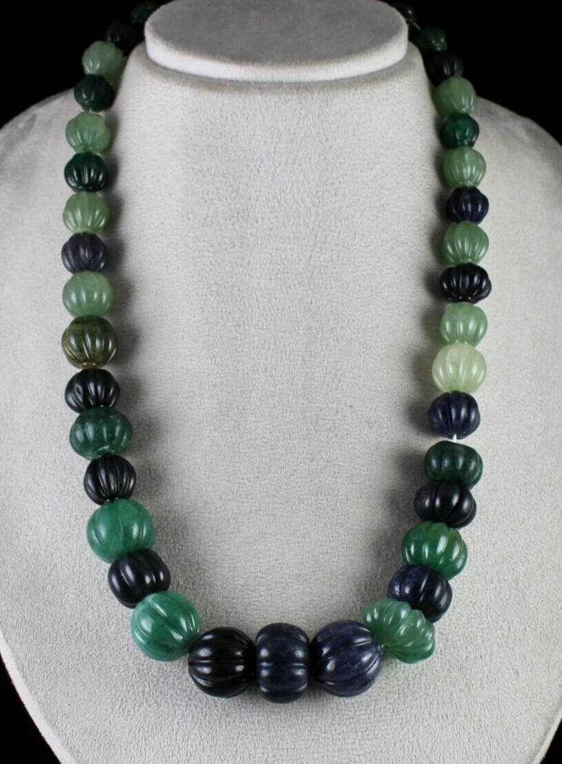 Natural Multi Jade Melon Carved Beads 960 Ct Blue Green Gemstone Silver Necklace