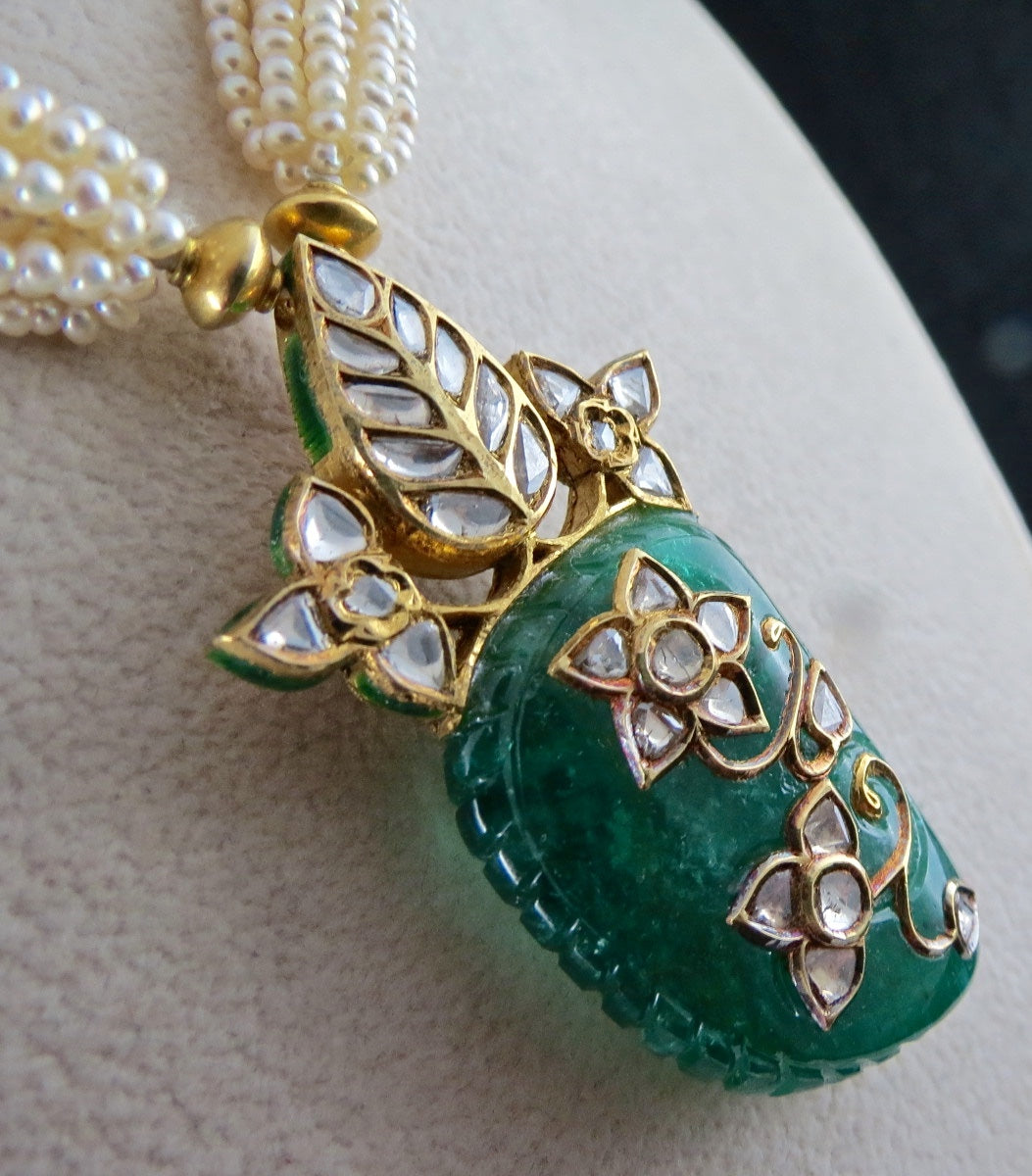 Certified Natural Zambia Emerald 10ct Natural Diamond Gold Jadau Necklace