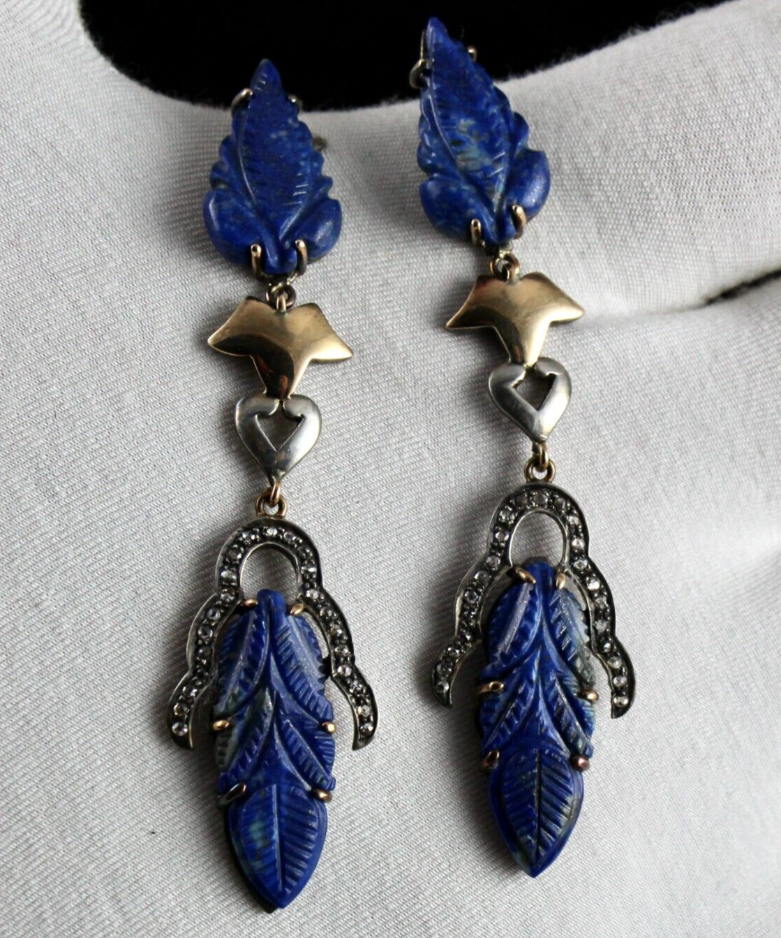 Natural Lapis Lazuli Engraved Leaf Diamond 18K Gold 925 Silver Victorian Earring