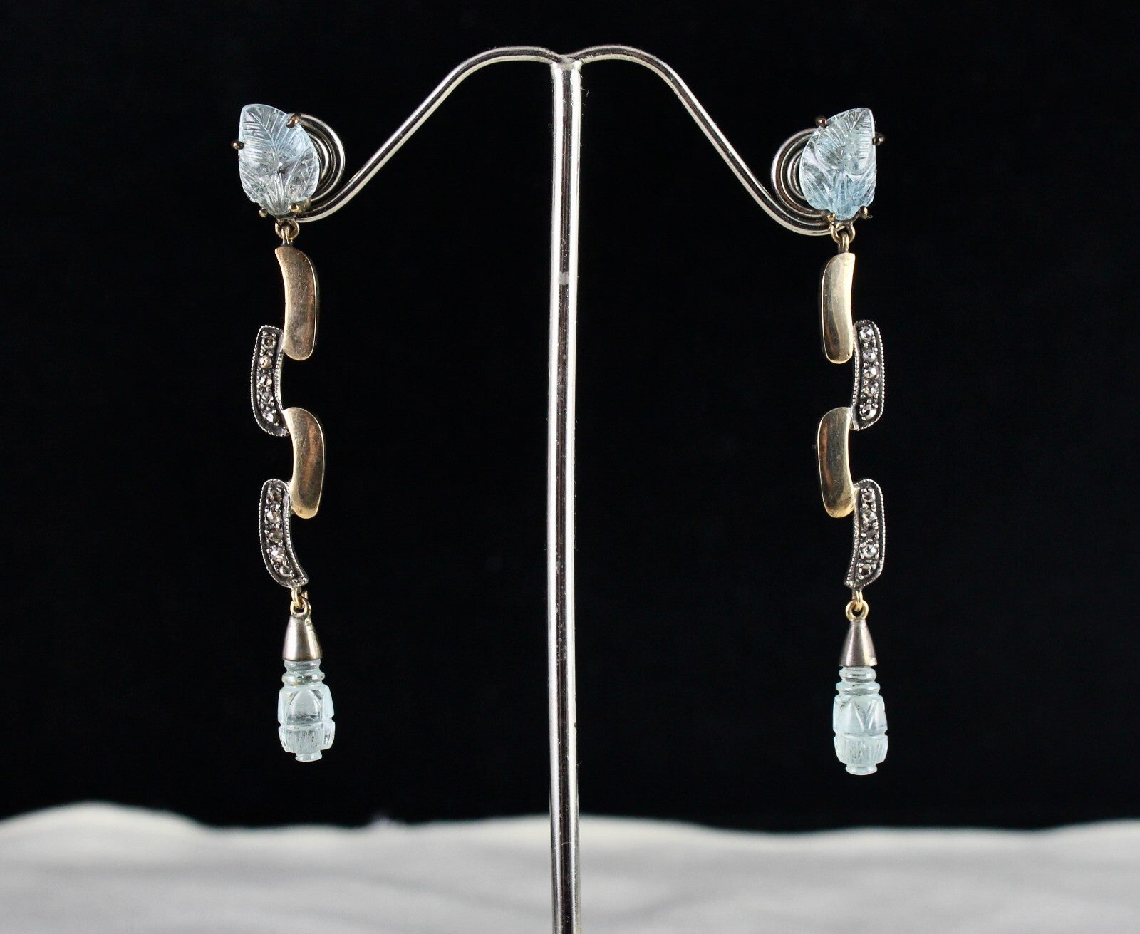 Natural Blue Aquamarine 10ct Carved Natural Diamond 18k Gold 925 Silver Earrings