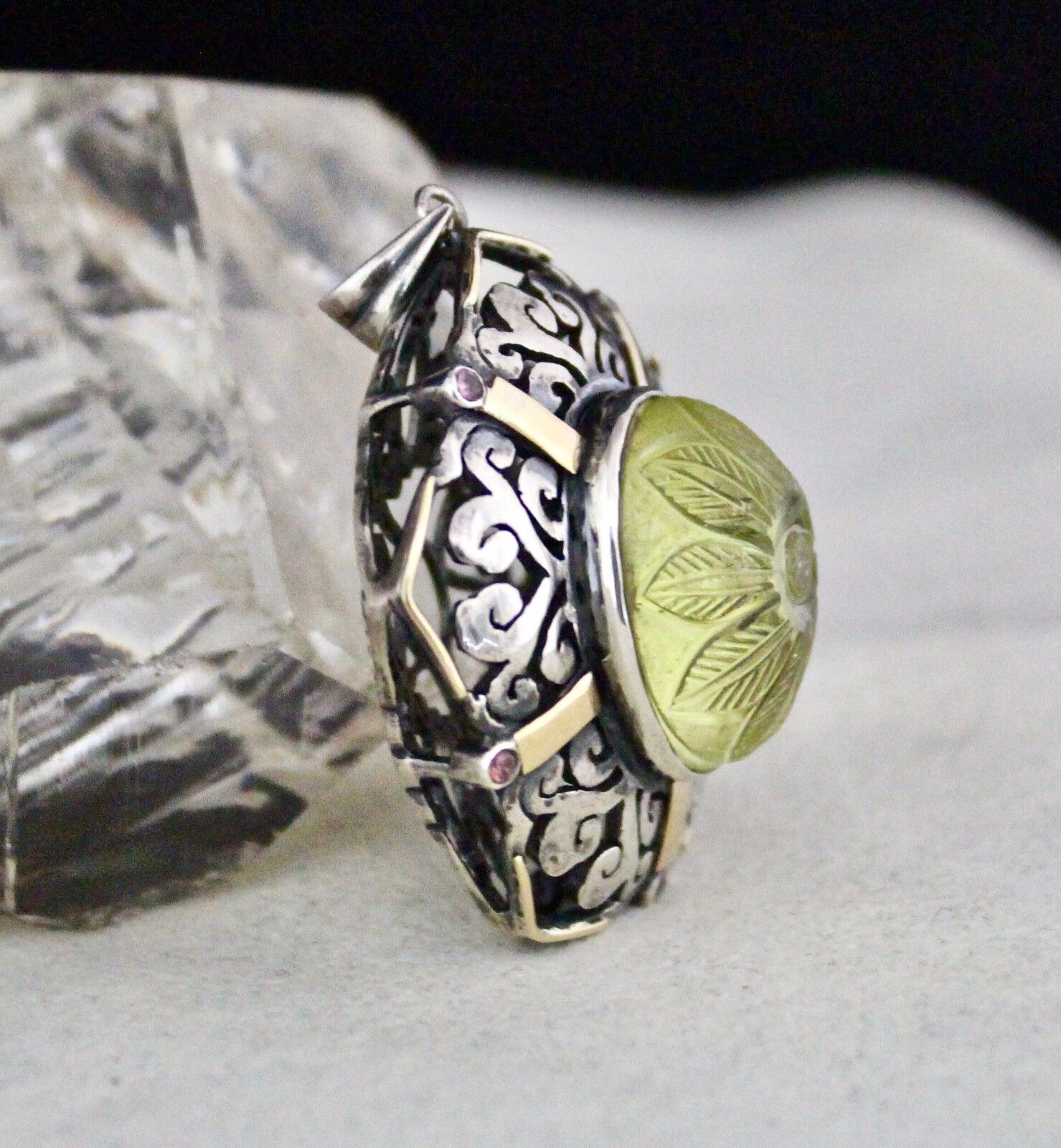Natural Lemon Quartz Carved Oval Garnet Cut 18K Gold 925 Silver Carved Pendant