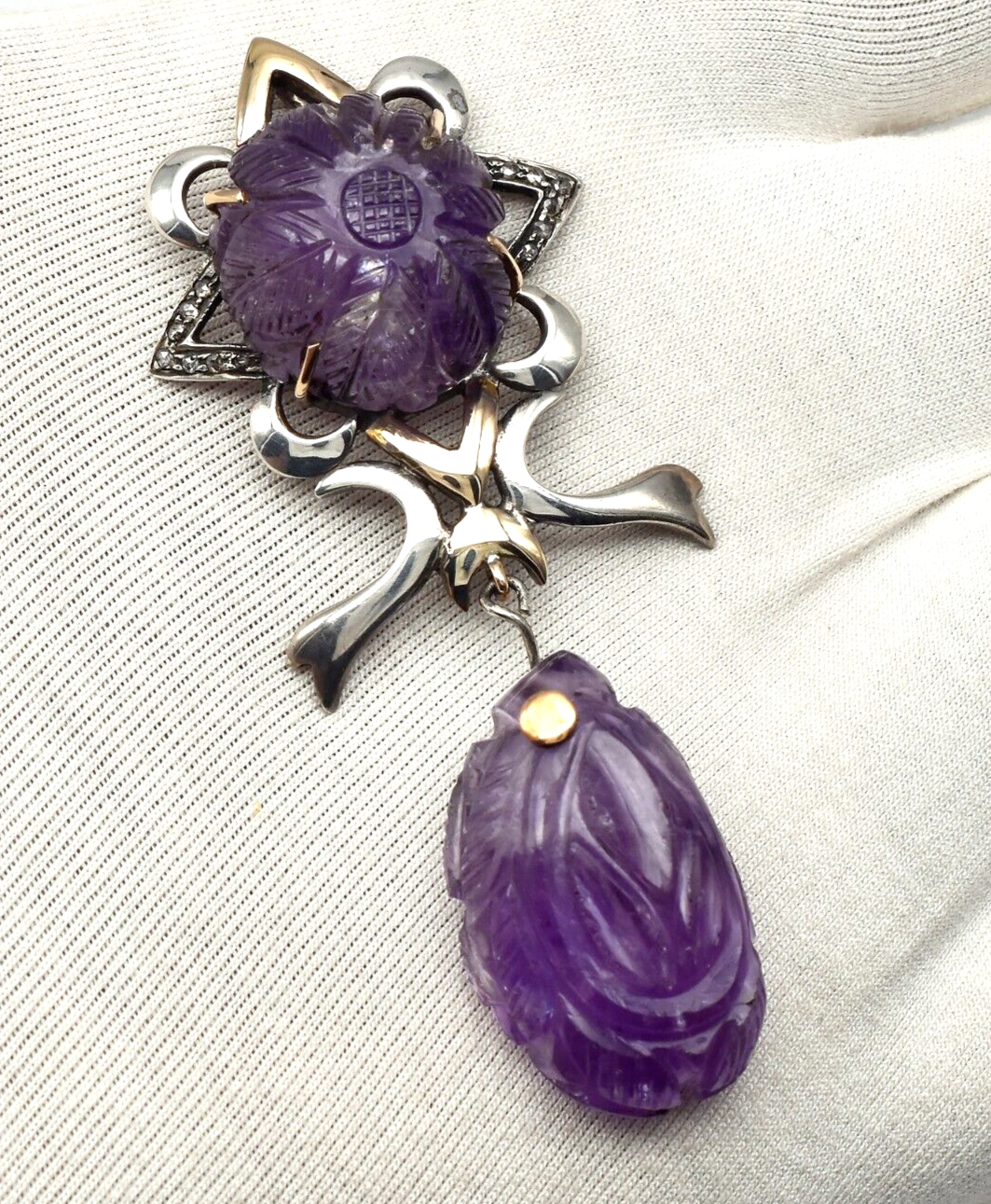 Vintage Natural Amethyst Engraved Diamond 18K Gold 925 Silver Victorian Pendant