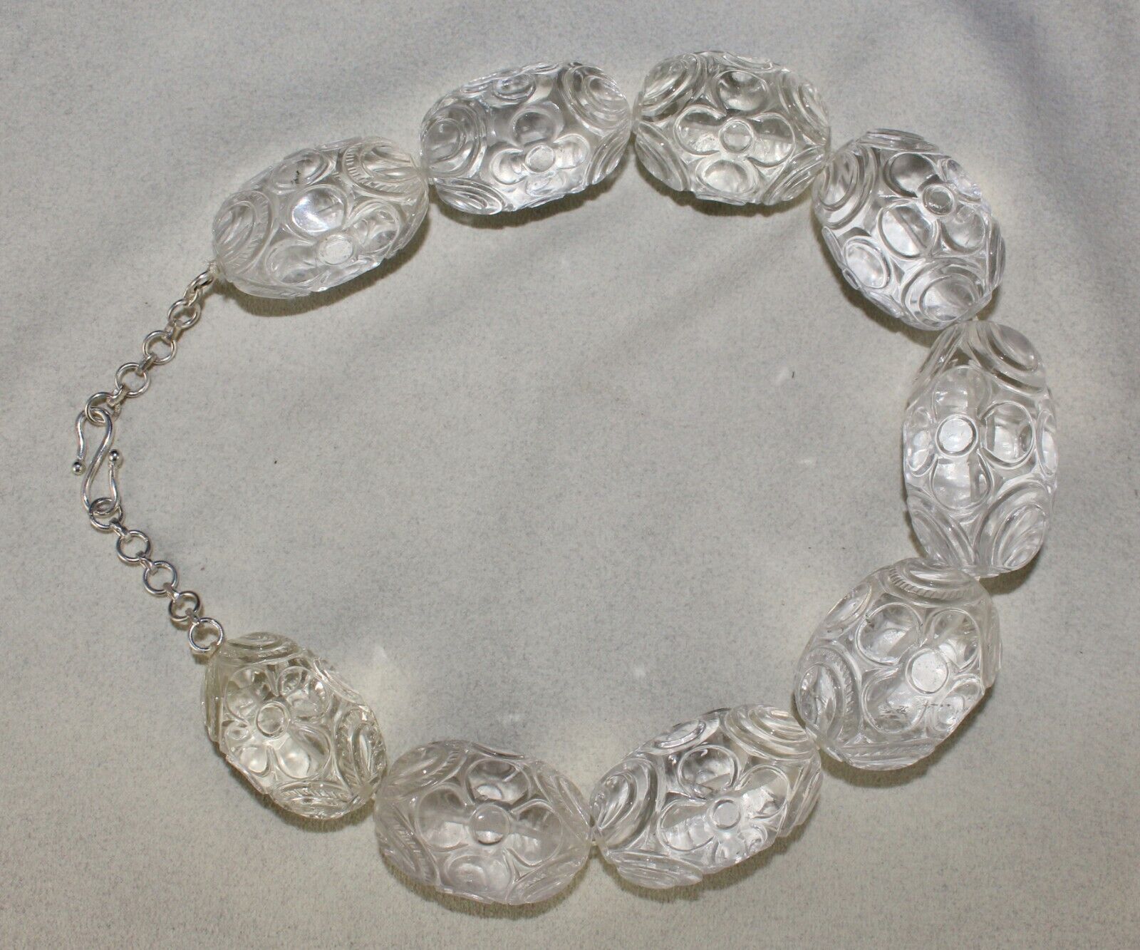 NATURAL WHITE ROCK CRYSTAL QUARTZ CARVED OVAL BEADS 9 PCS 2410 CARATS GEMSTONE