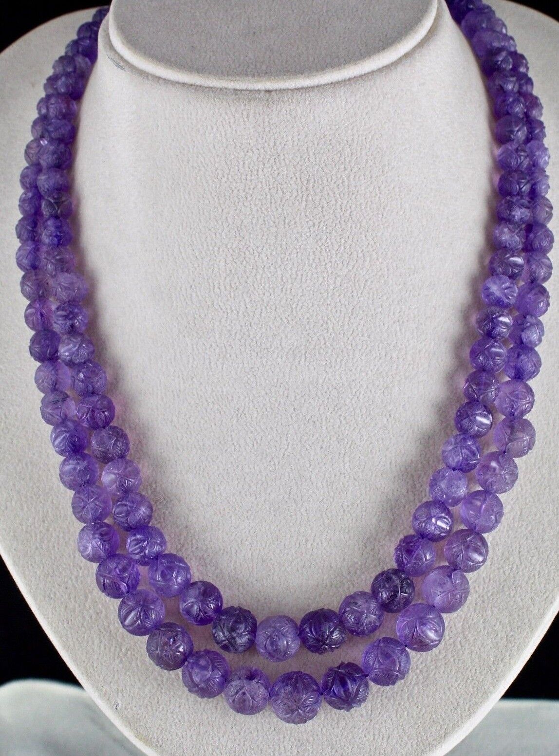 Natural Amethyst Beads Engraved 2 L 616 Ct Purple Gemstone Vintage Old Necklace