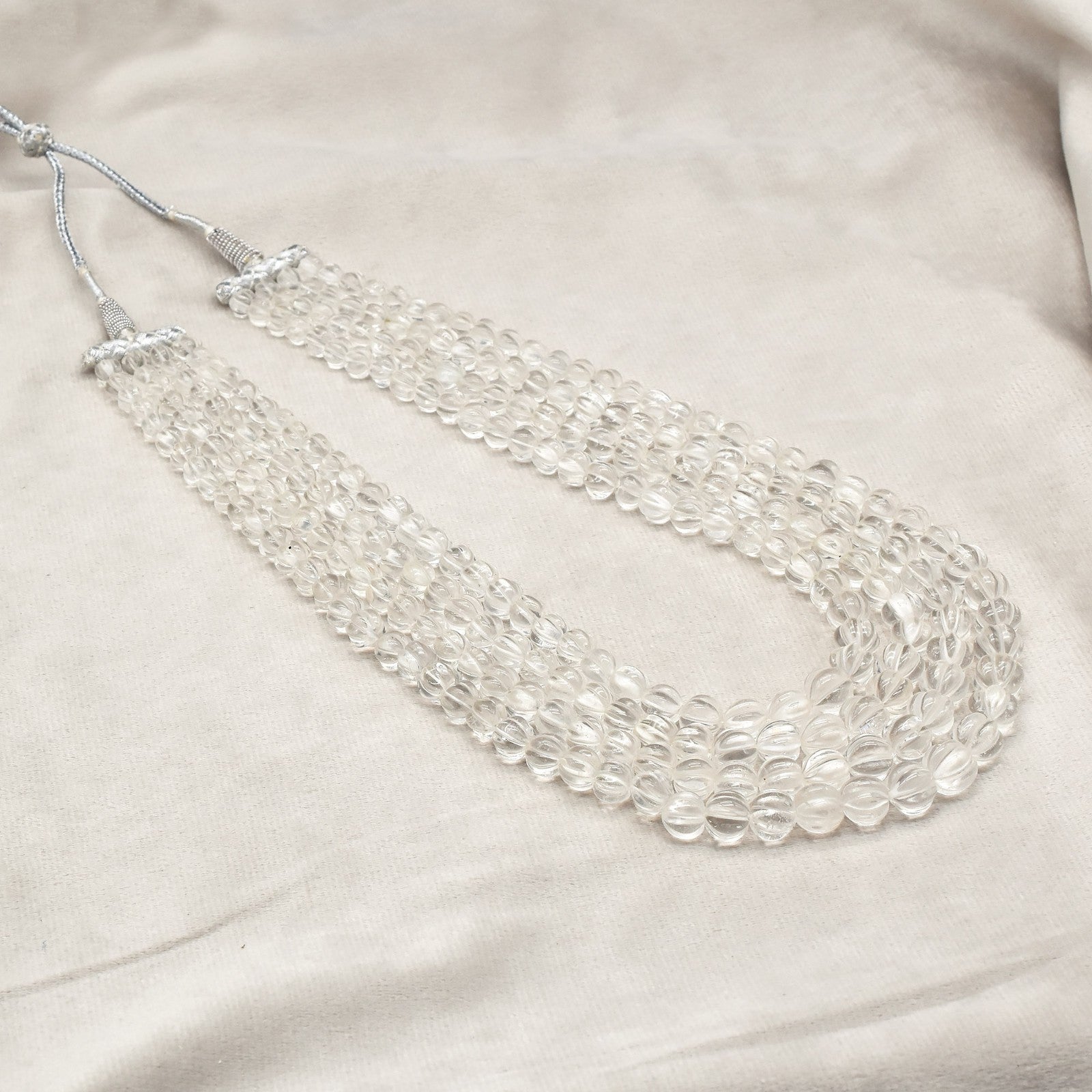 Natural Rock Crystal Quartz 1007 Ct Carved Melon Round Beads Necklace