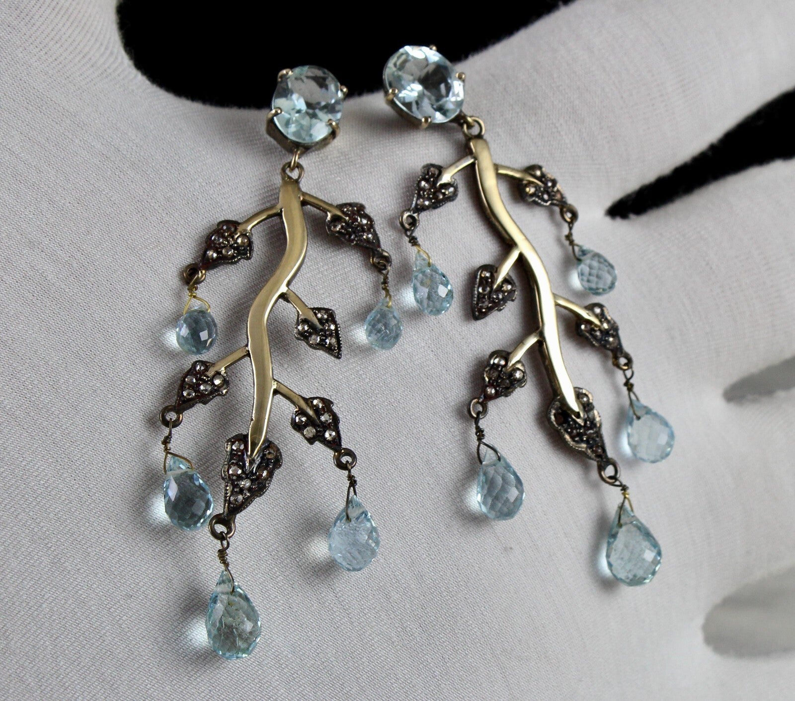 Certified Natural Diamond Blue Aquamarine 71.5ct Sterling Silver Gold Earrings