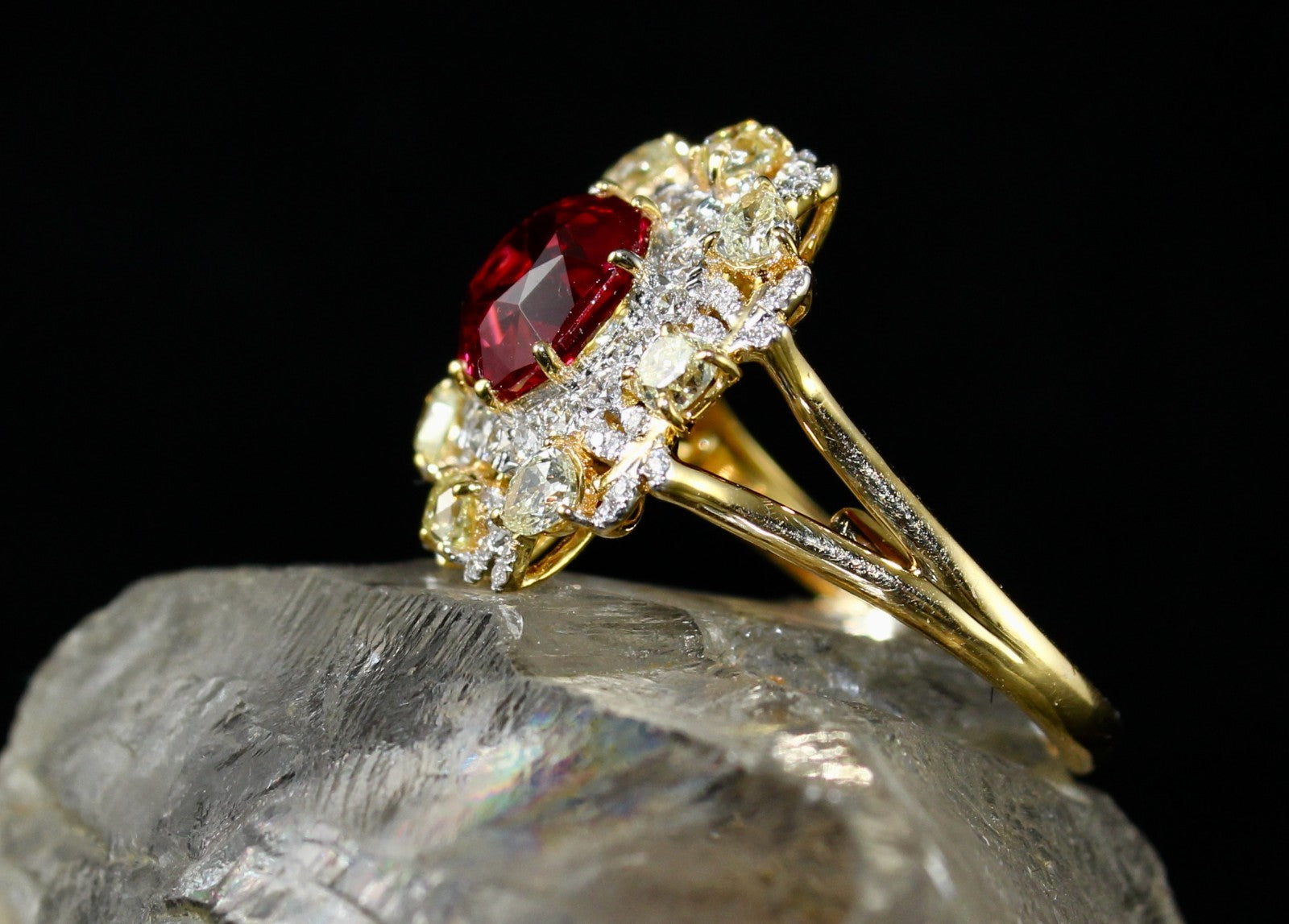Certified Natural Red Spinel Ring Cut Diamond 18K Gold Statement Finest Jewelry