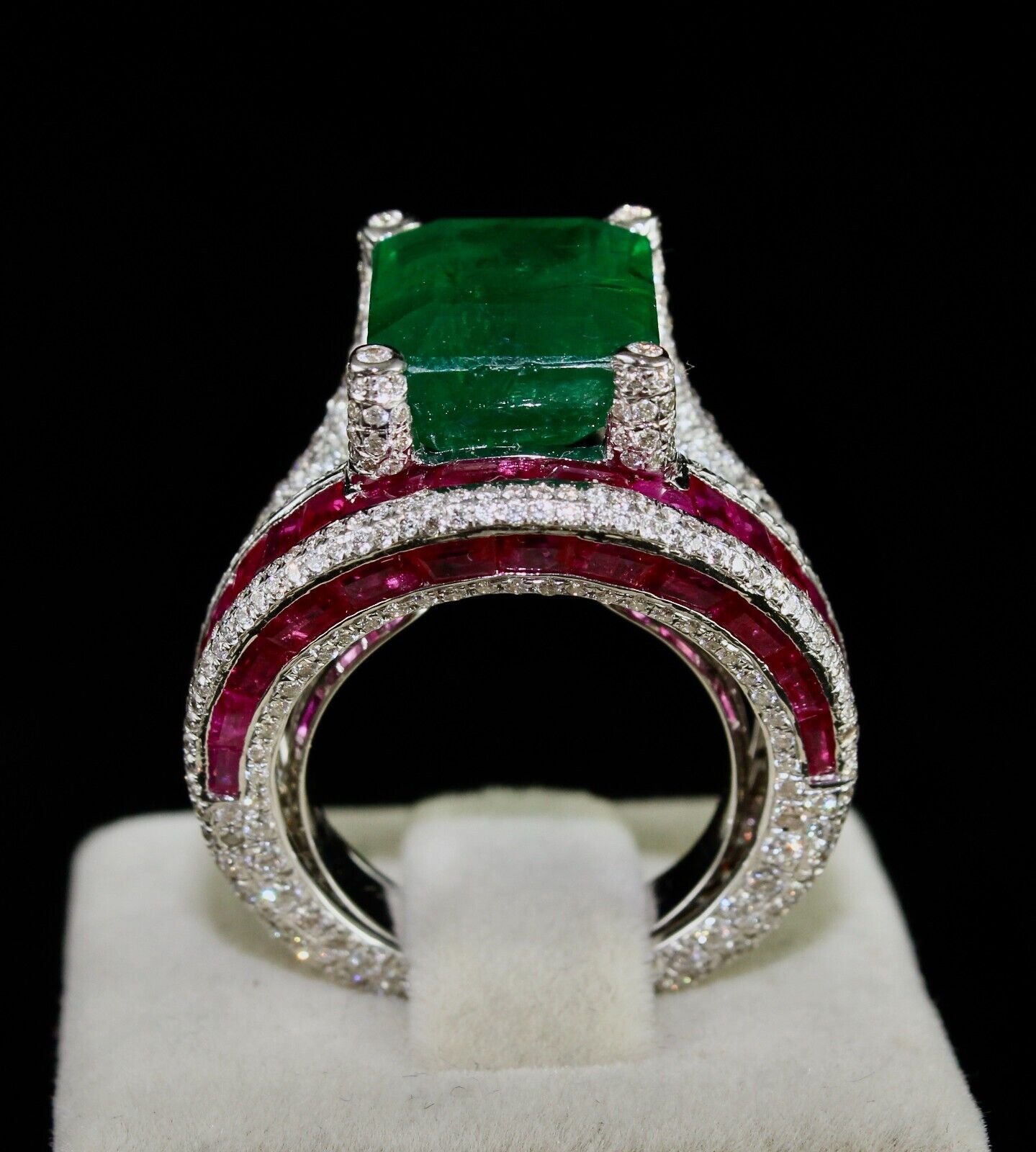 Zambia Emerald Octagon Ruby Cut Diamond Cocktail Ring, 18K Gold Statement Ring
