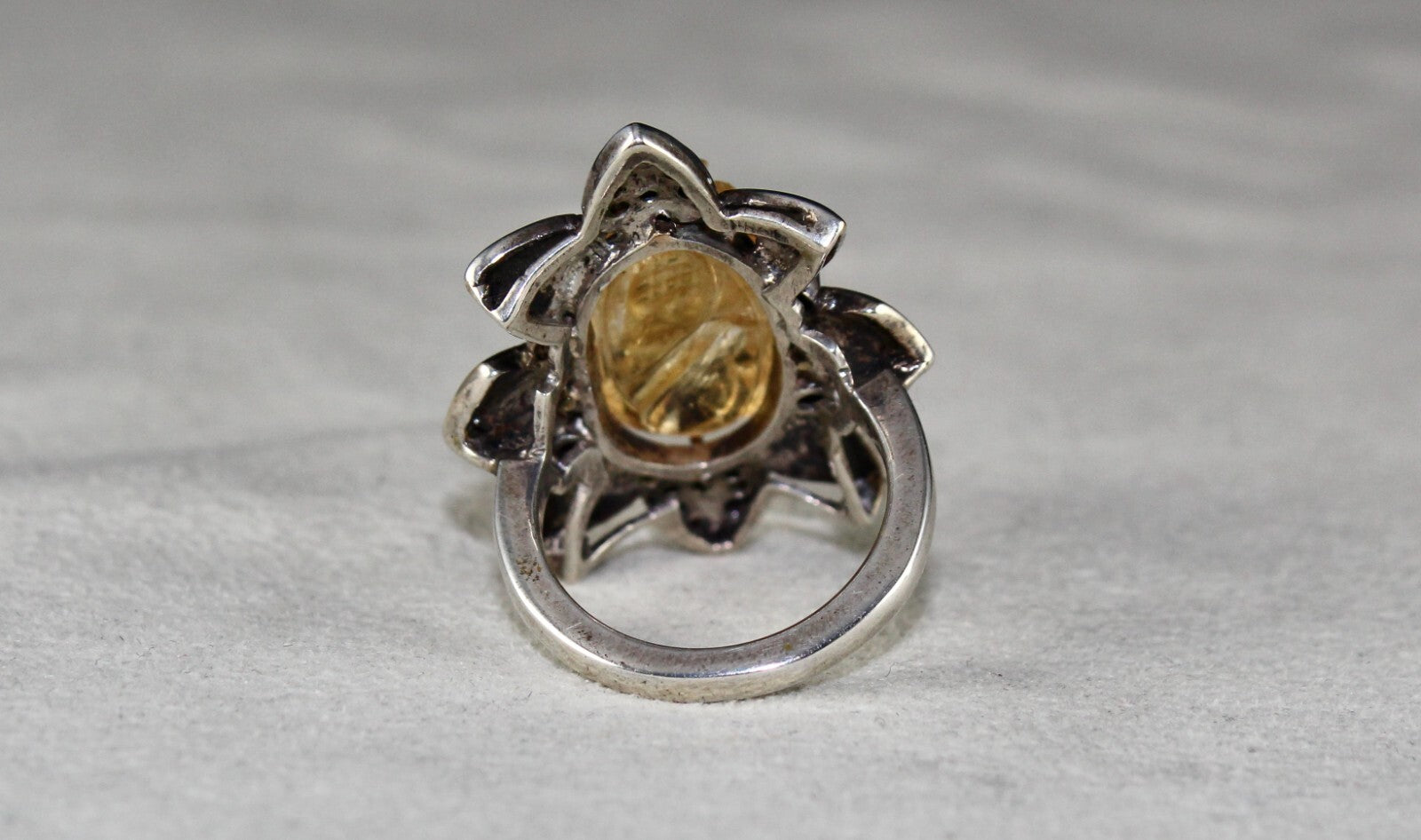 Antique Yellow Citrine 66.2ct Natural Diamond 18k Gold 925 Silver Victorian Ring