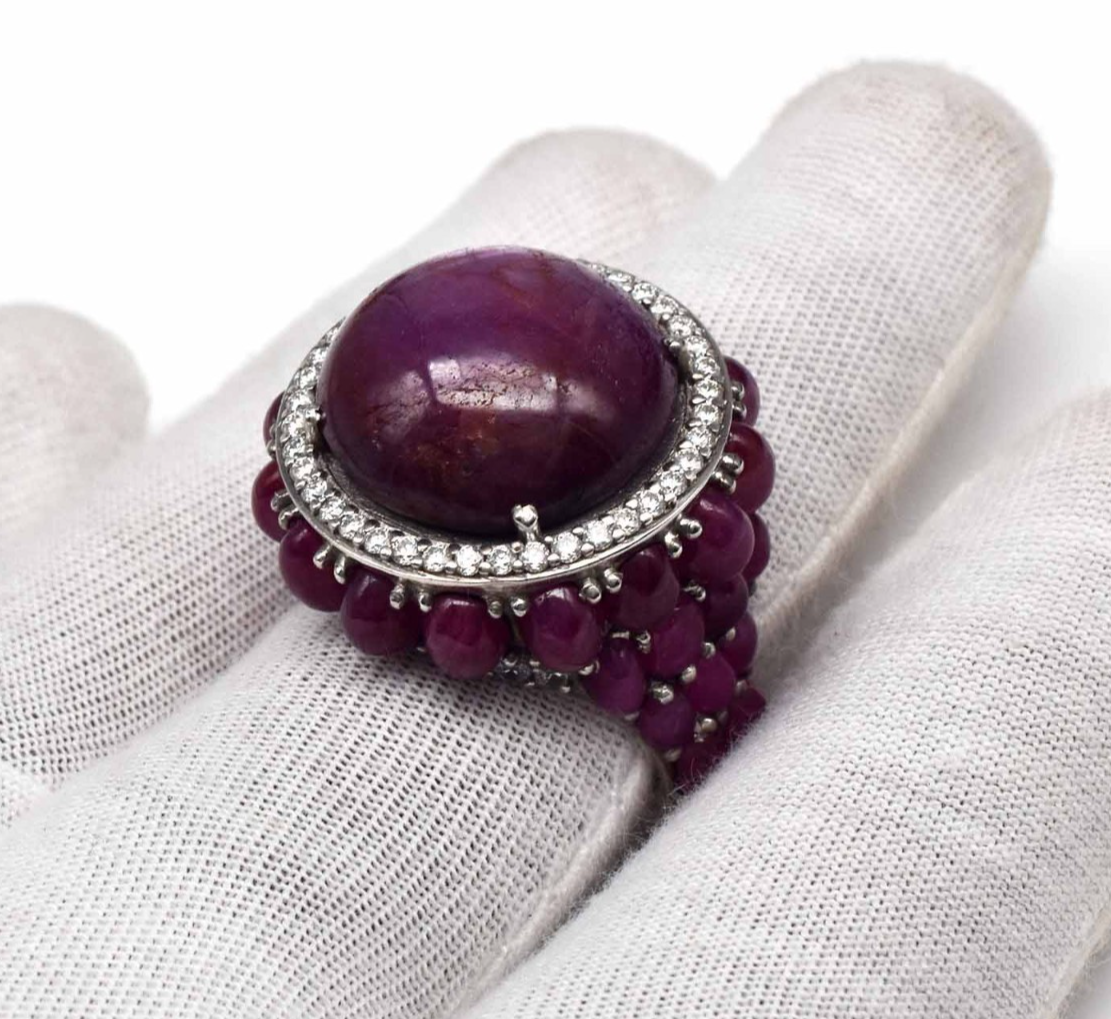 Natural Ruby Star Cabochon Cubic Zirconia Red Gemstone Silver Cocktail Ring