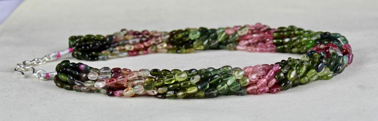 NATURAL MULTI TOURMALINE BEADS CABOCHON 650 CARATS GEMSTONE SILVER NECKLACE