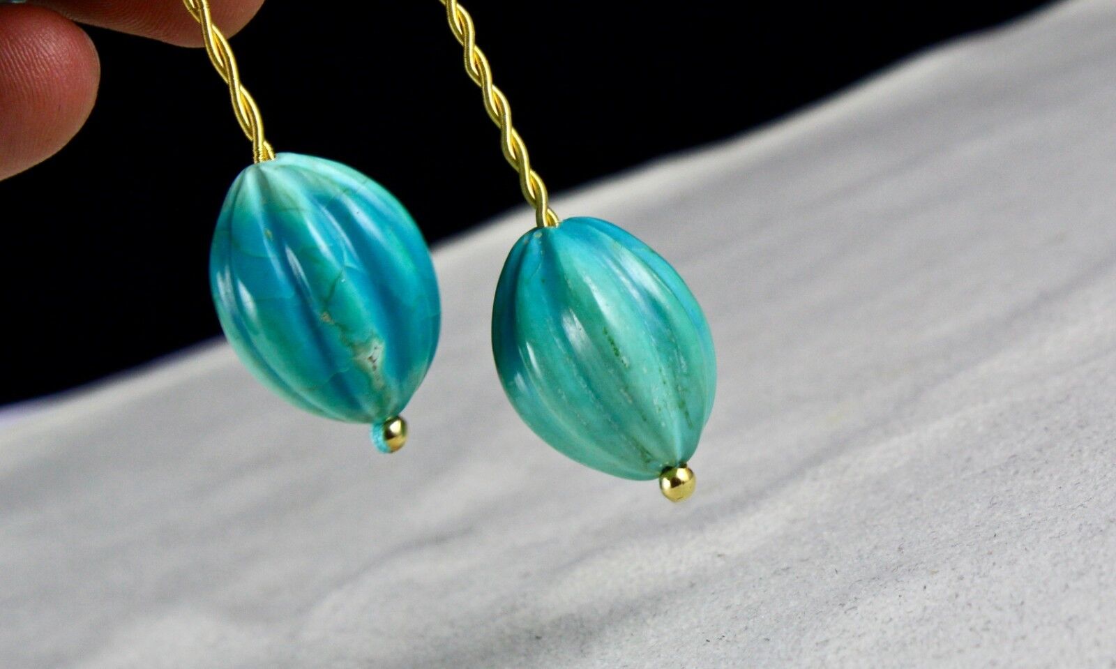 Natural Real Turquoise Beads Carved Melon Pair 94.60 Ct Gemstone For Earring