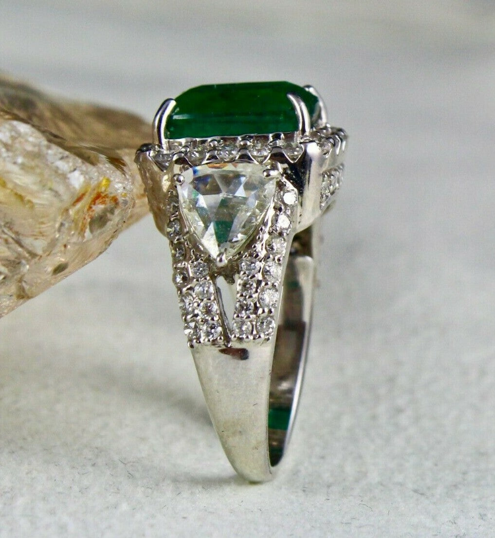 Certified Natural Zambia Emerald Cushion 4.87ct Natural Diamond 18k Gold Ring
