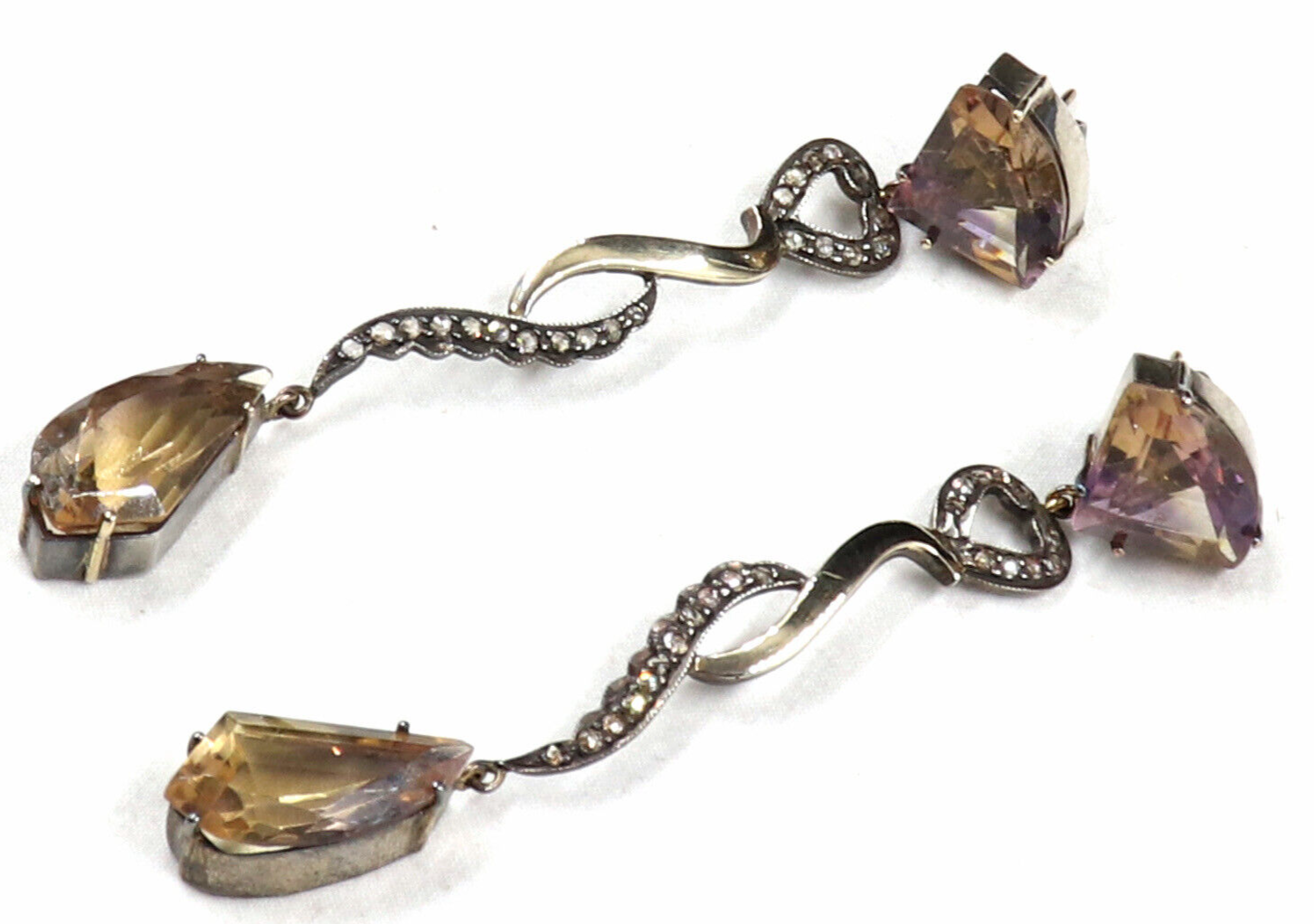 Natural Ametrine Multi Cut 18K Gold Diamond & 925 Silver Victorian Earring