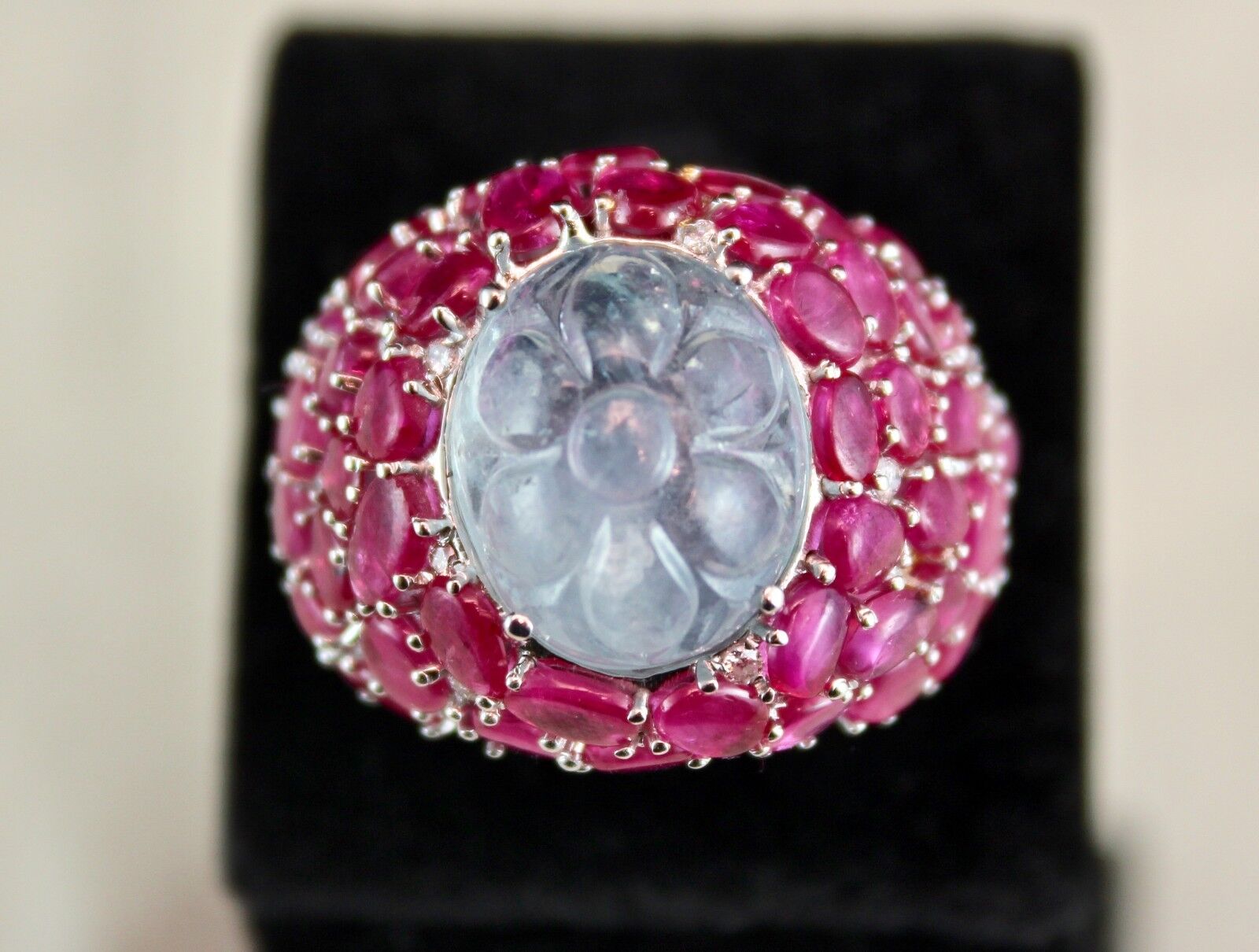 Natural Blue Sapphire Carved Rubies Cabochon Diamond Studded 18k Gold Party Ring
