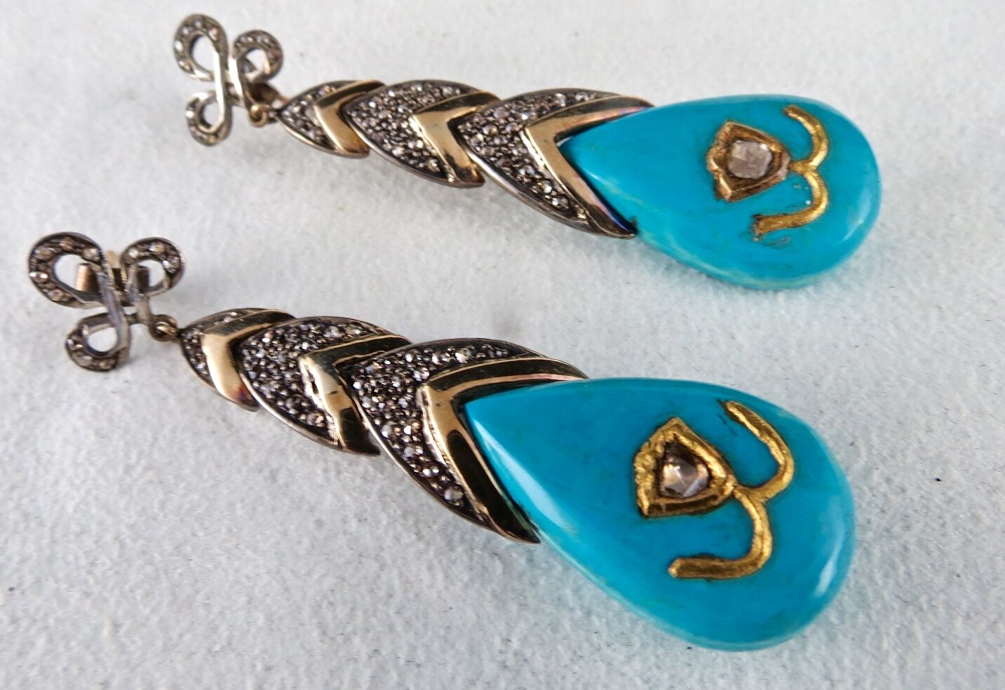 FINEST TURQUOISE DIAMOND 18K GOLD 925 SILVER JADAU GEMSTONE VICTORIAN EARRING