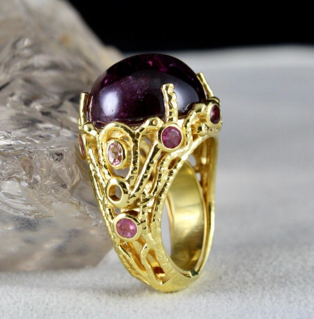 UNIQUE NATURAL PINK TOURMALINE CABOCHON CUT CARVED SILVER GOLD PLATED RING
