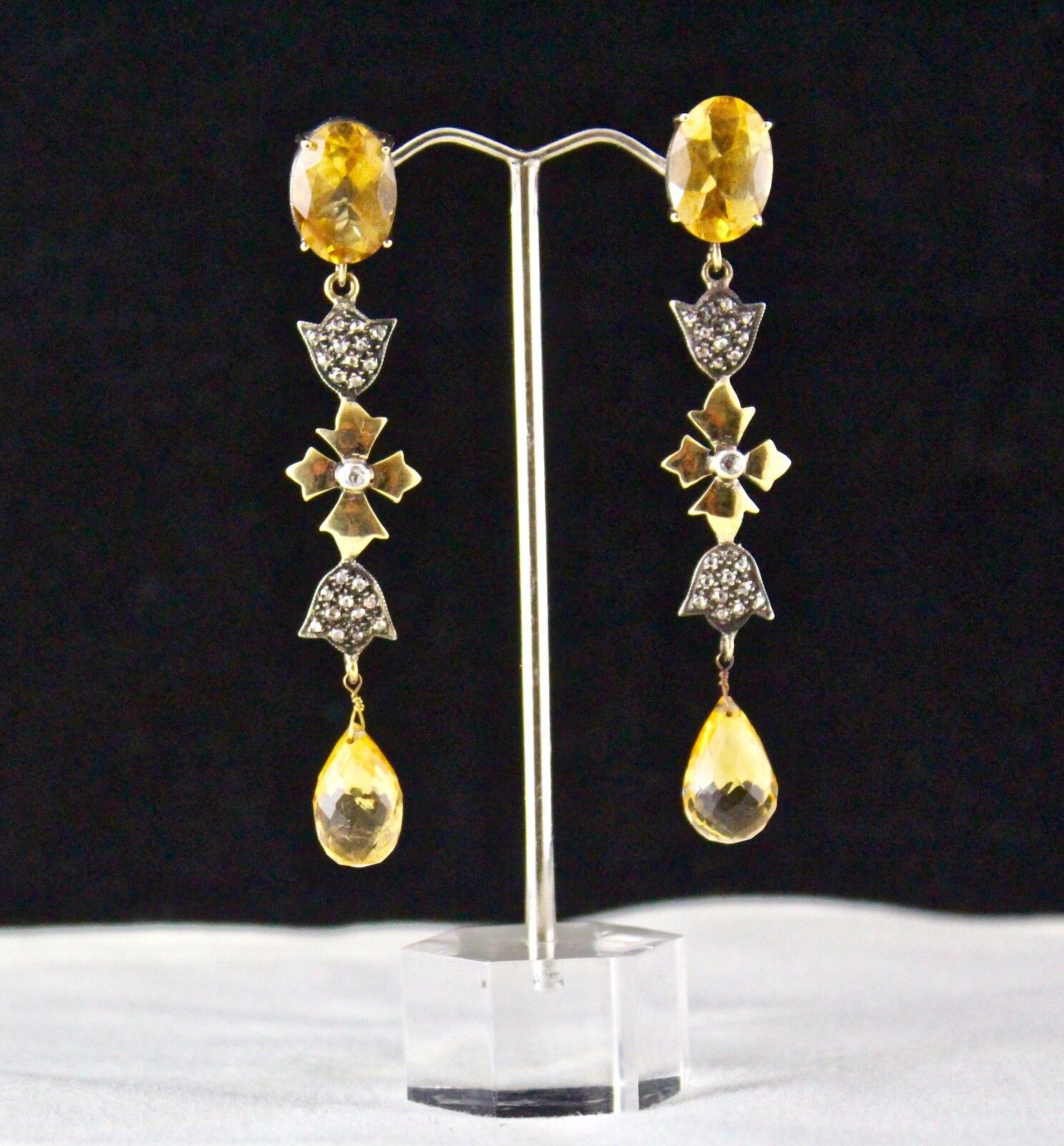 YELLOW CITRINE CUT DROP GEMSTONE DIAMOND 18K GOLD 925 SILVER VICTORIAN