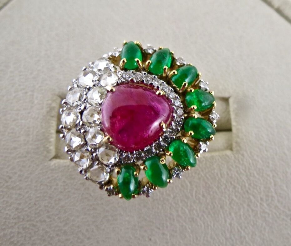 Natural Burma Ruby Zambia Emerald Cabochon White Diamond 18K Gold Statement Ring