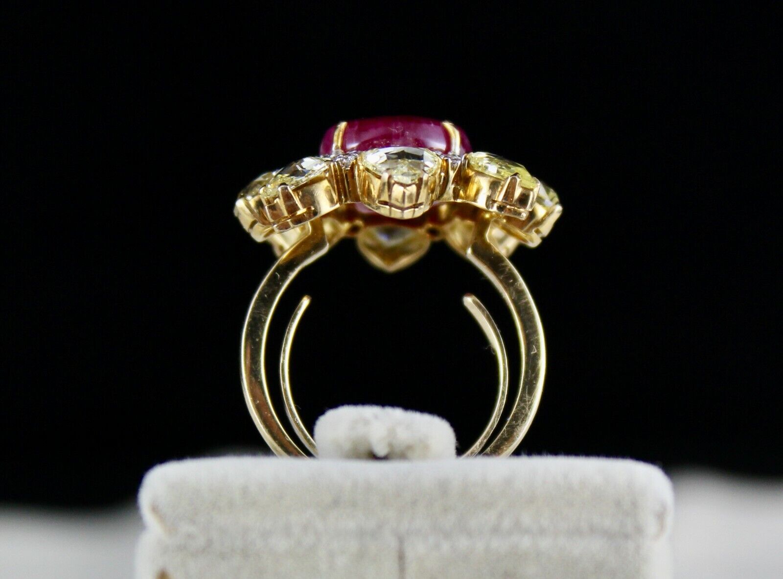 NATURAL UNHEATED BURMA RUBY CABOCHON YELLOW ROSE CUT DIAMOND 18K GOLD FINE RING