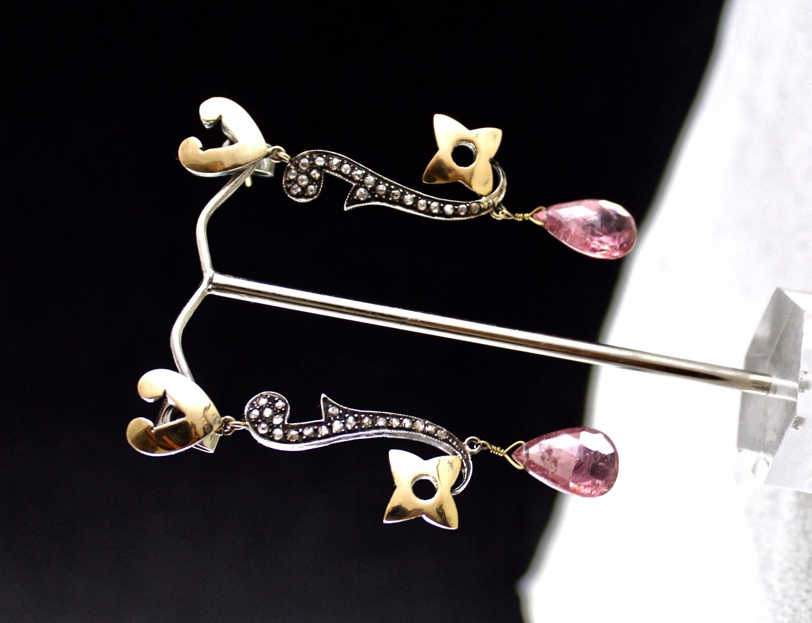 Natural Pink Tourmaline Pear Diamond 18K Gold 925 Silver Victorian Fine Earring