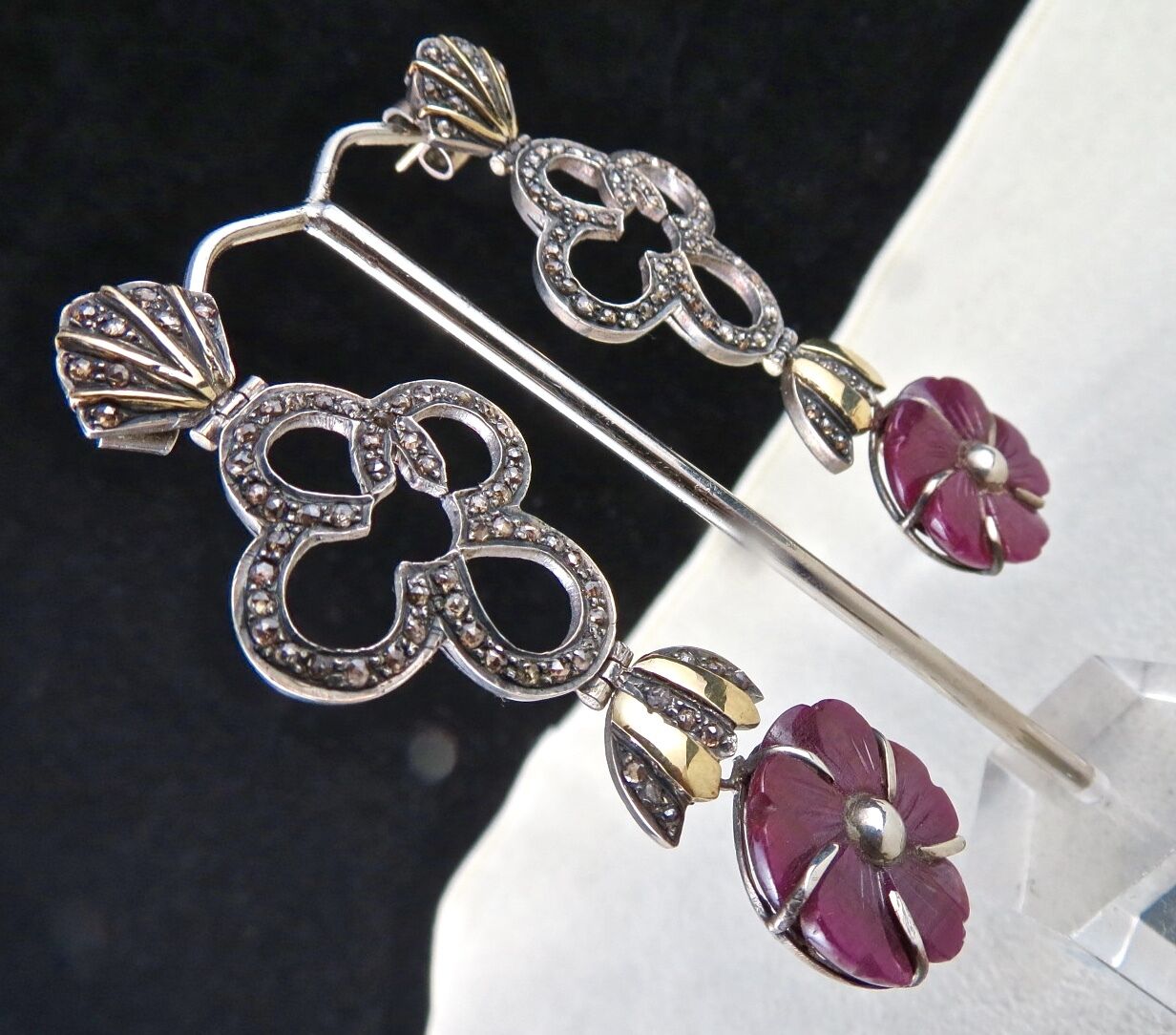 Vintage Natural Ruby Carved Diamond Gold Silver Victorian Pendant Earring Set