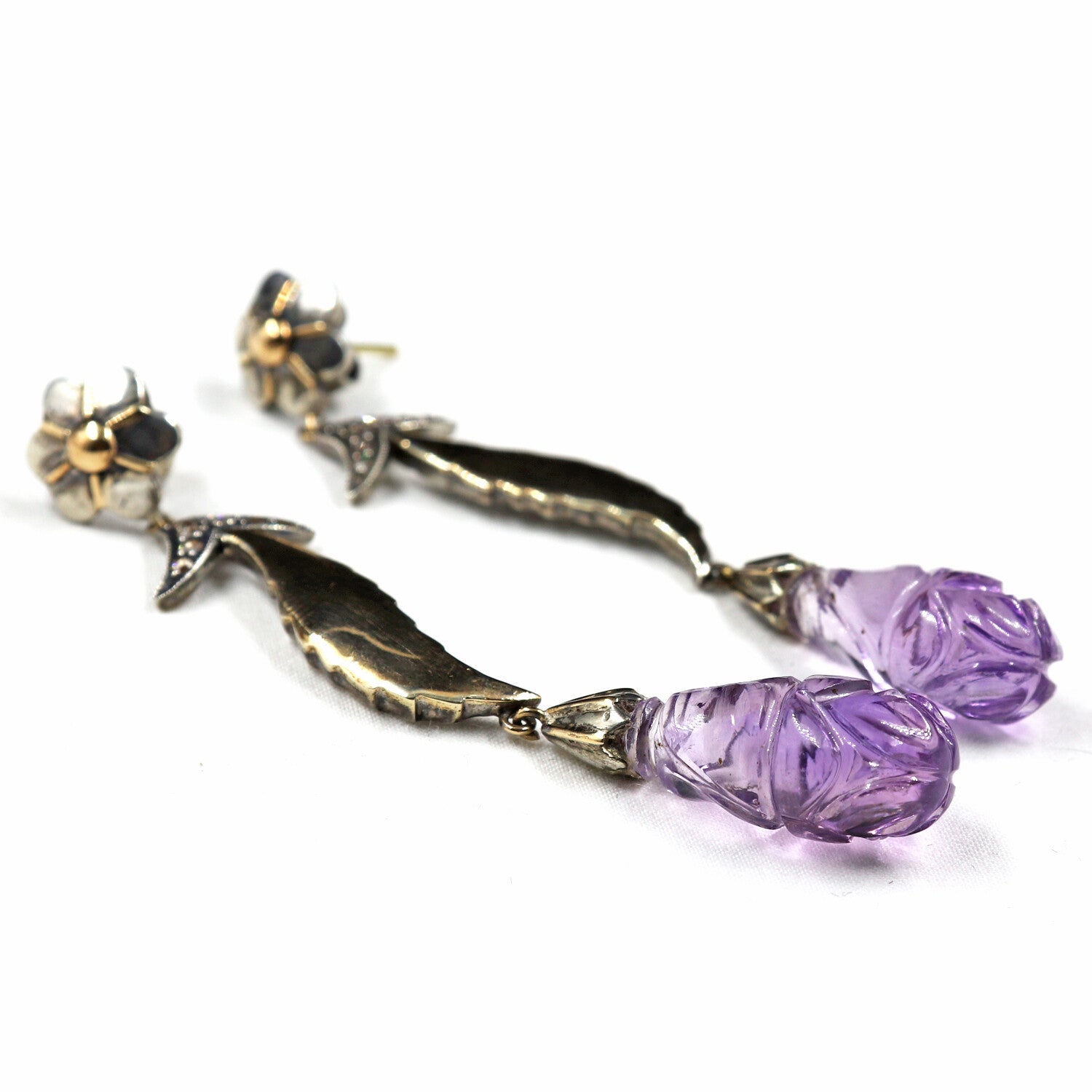 Victorian 18k Gold & 925 Sterling Silver Amethyst 10ct Natural Diamond Earring