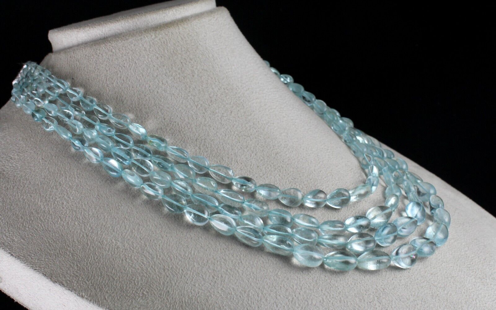 NATURAL BLUE TOPAZ BEADS DROPS 4 LINE 613 CARATS GEMSTONE BEADED FINE NECKLACE